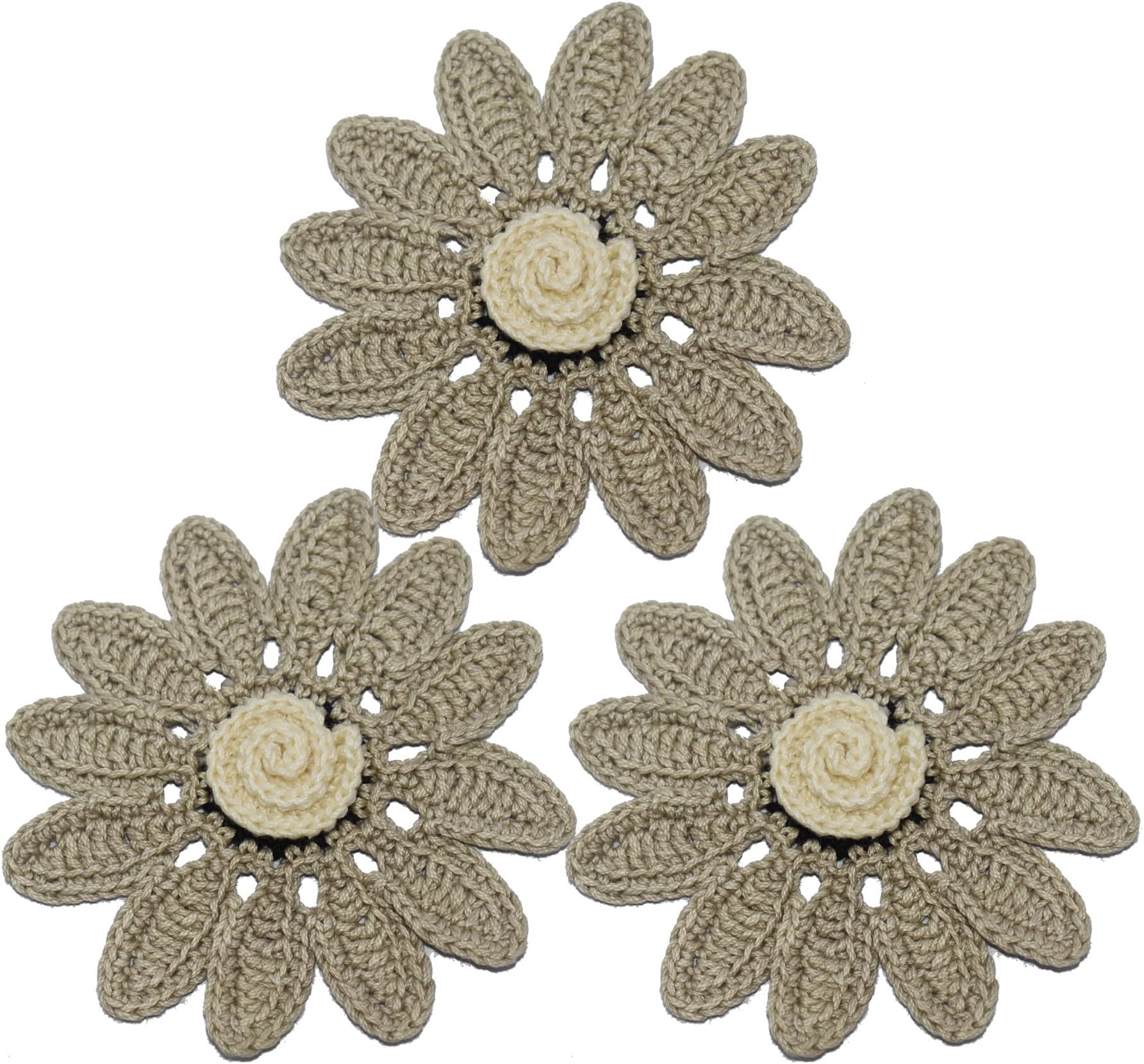 INFI KNIT Handmade Crochet 12 Petal Flower with Rose in Center (Golden Brown & Off White) (Premium Threads, Neat & Professional Finishing Guaranteed, Eco-Friendly) - Set of 3 Crochet Flower
