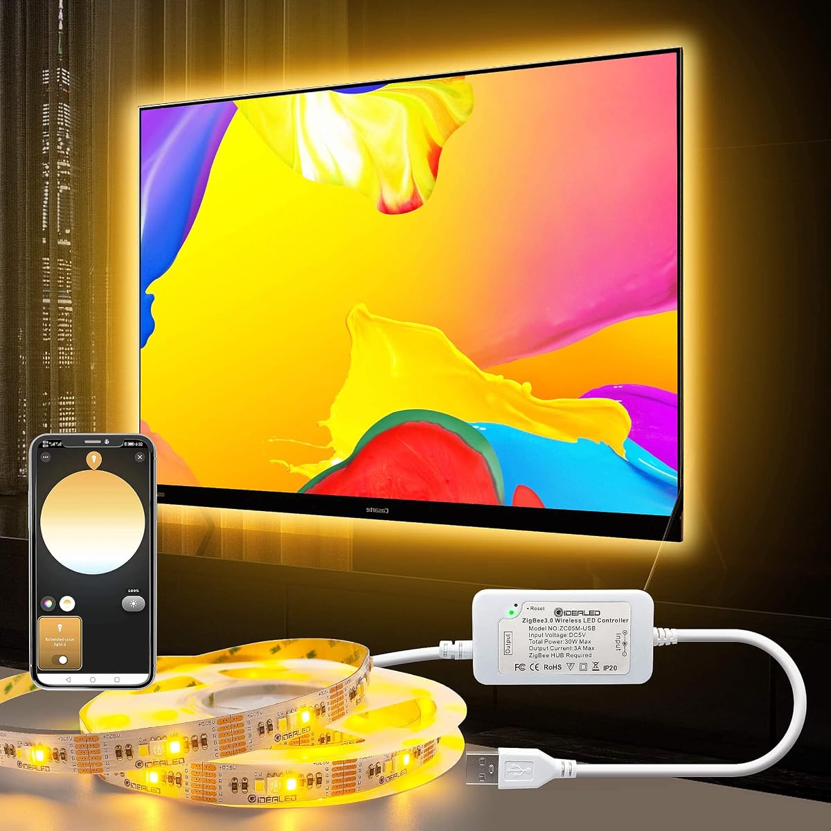Smart ZigBee 3.0 USB RGBWW LED Strip Light 9.8ft Dimmable Kit,ZigBee Hub Bridge Required for APP/Voice Control Alexa Echo Plus,2700K~6500K Warm White Cool White RGB CCT LED Strip Light 5V