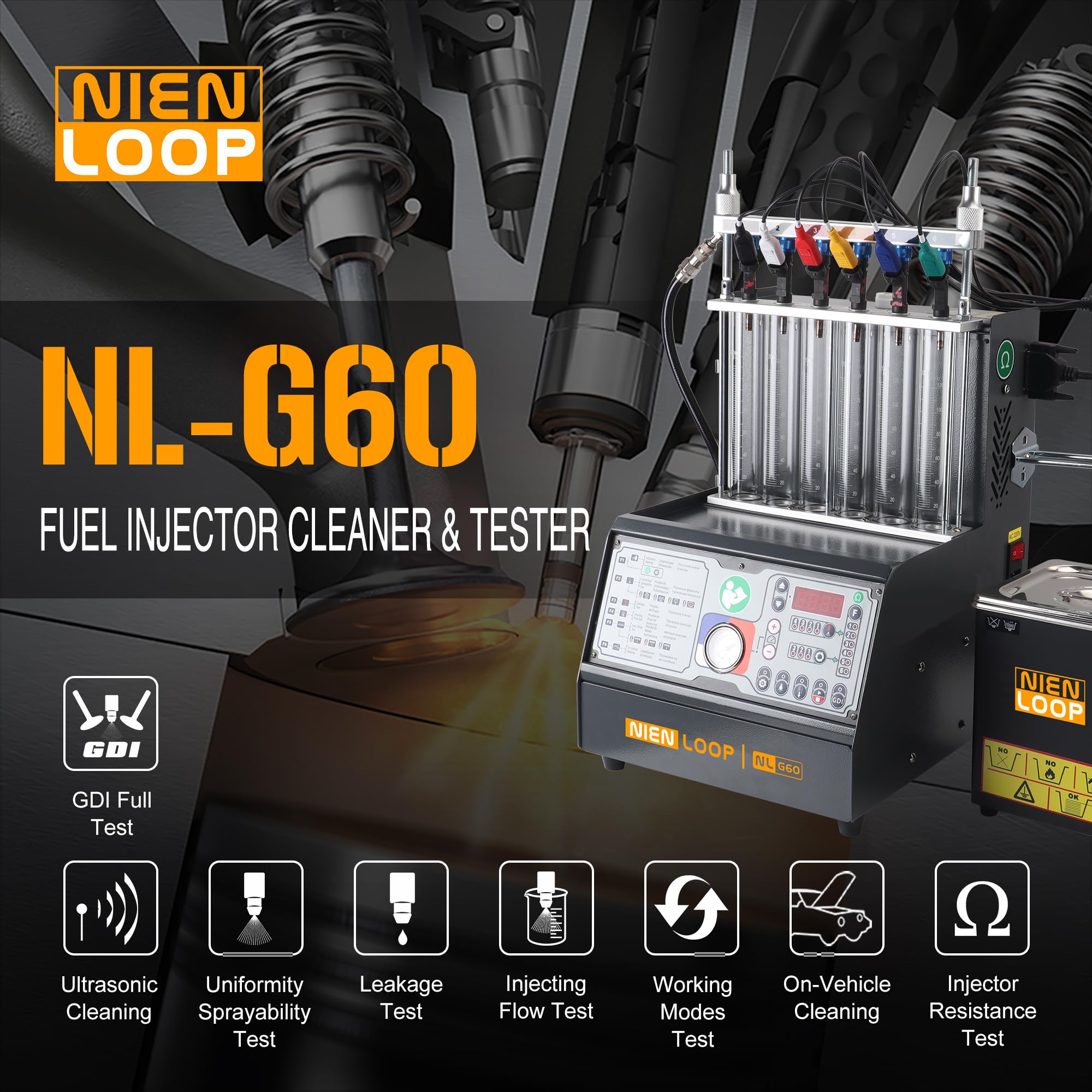 Nienloop GDI PFI EFI Fuel Injector Cleaner Tester Machine 6 Cylinders,Ultrasonic Cleaning Kit, 1600ml Cleaner Tank