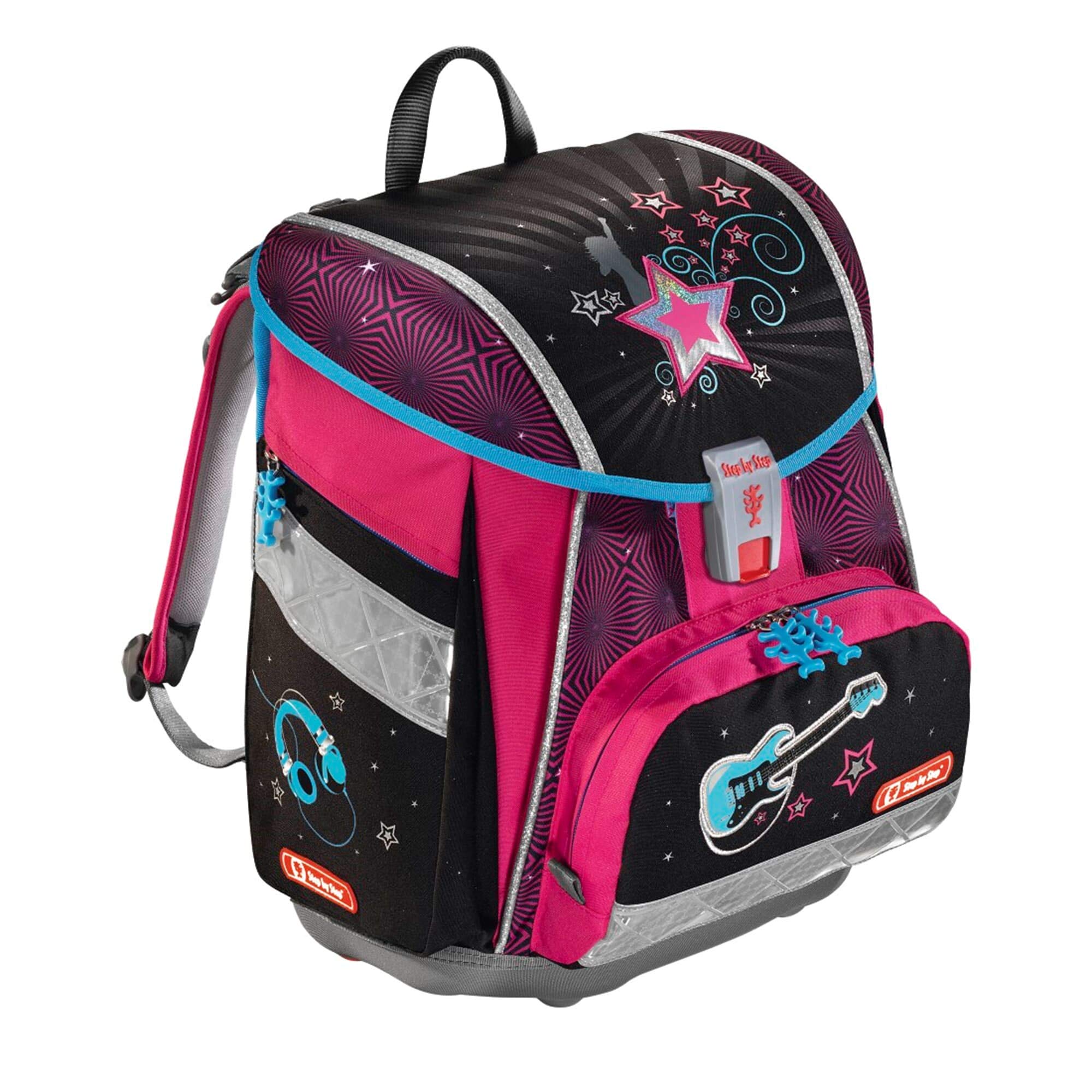 Step by Step Schulranzen-Set Touch 2 „Popstar“ 4-teilig, rosa-schwarz, Sterne-Design, ergonomischer Tornister mit Reflektoren, höhenverstellbar für Mädchen 1. Klasse, 21L