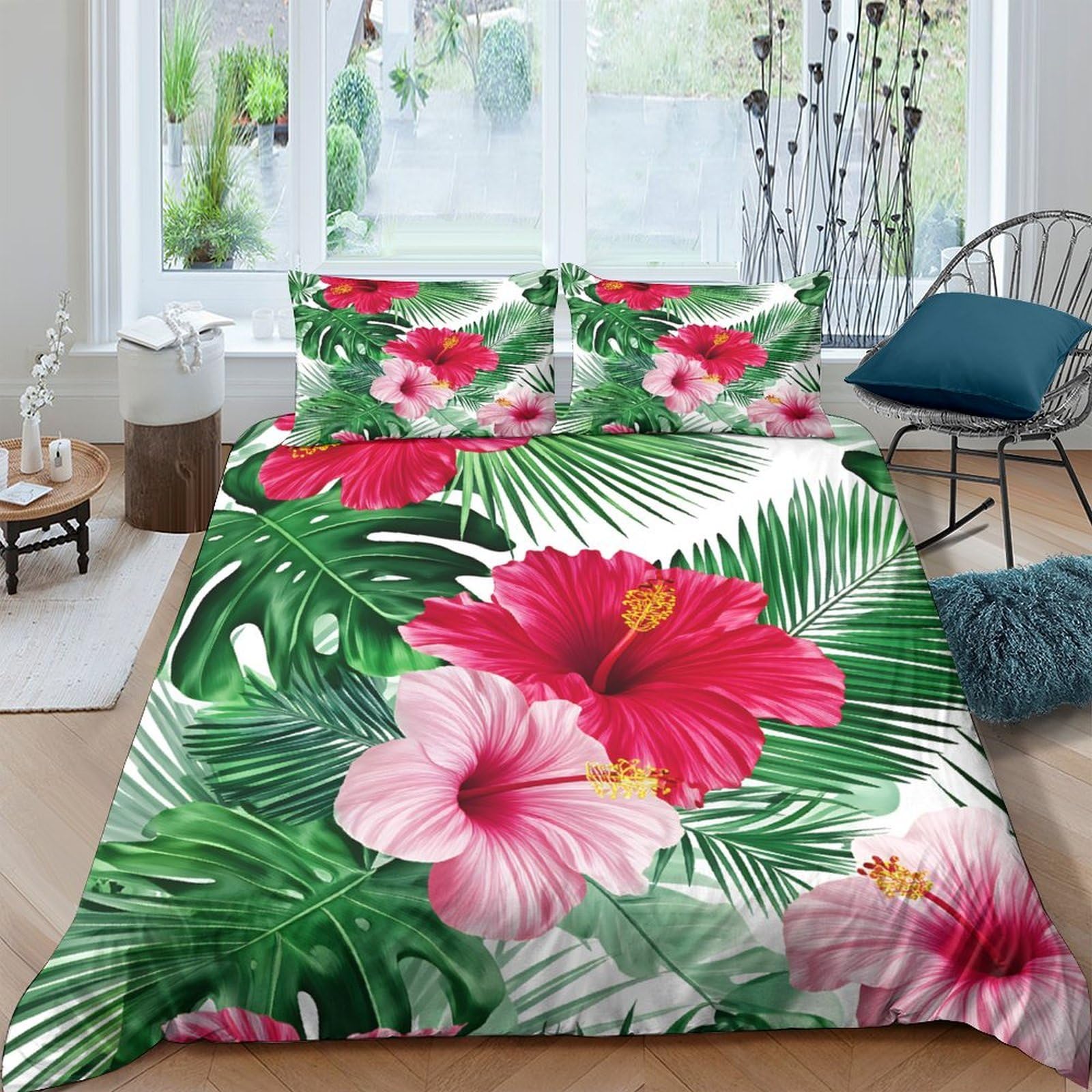 Ctjqhvkz Style-7 3D Printed Tropical Hibiscus Fitted Sheet Microfiber Soft Green Leaf Mattress Cover For Bedroom Decor, Machine Washable Single（135X200cm）