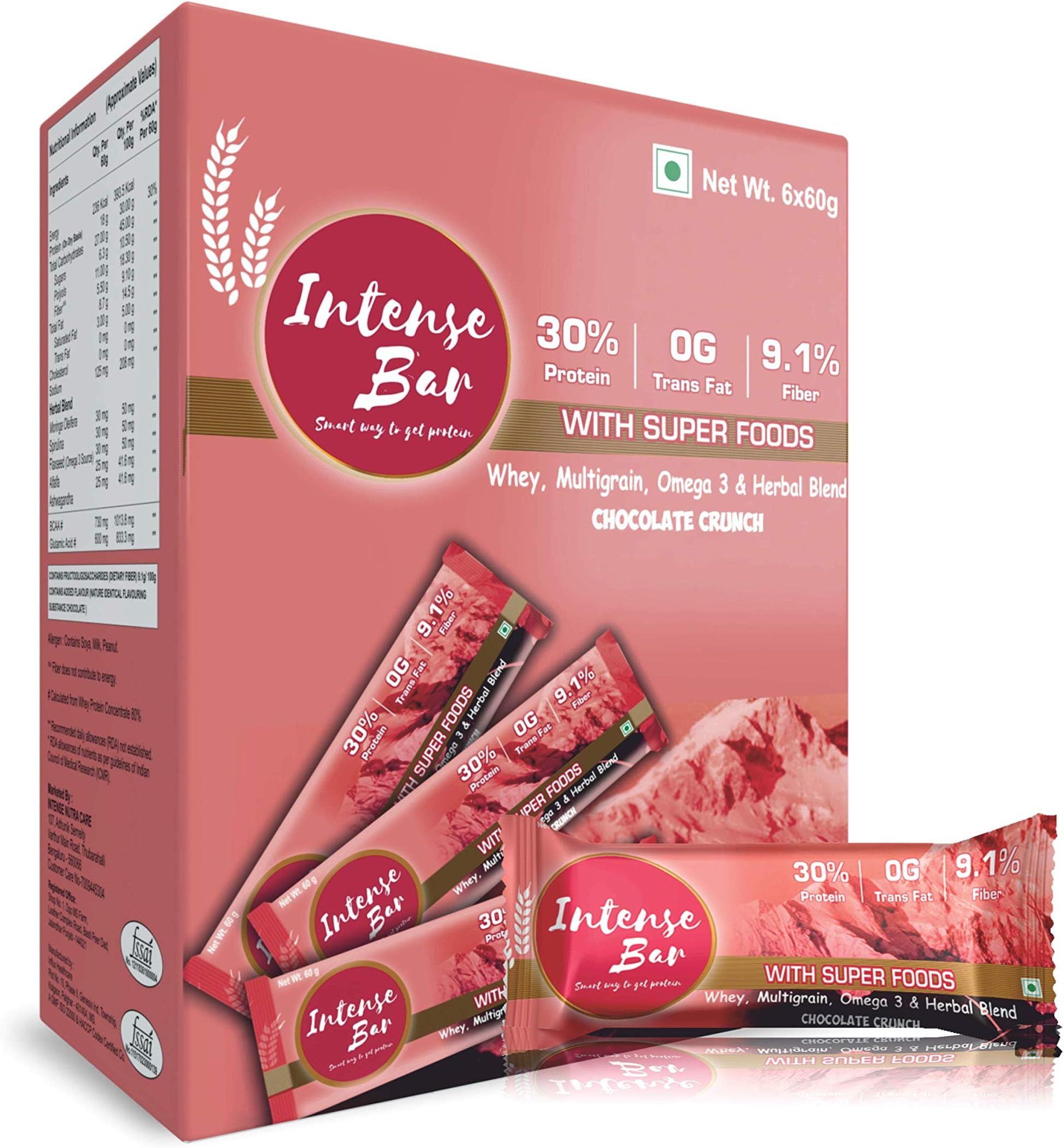 Intense Protein Bar (18g. Protein) Pack of 6 Bars(60 g x 6) Protein Bars (360 g, Chocolate Crunch)