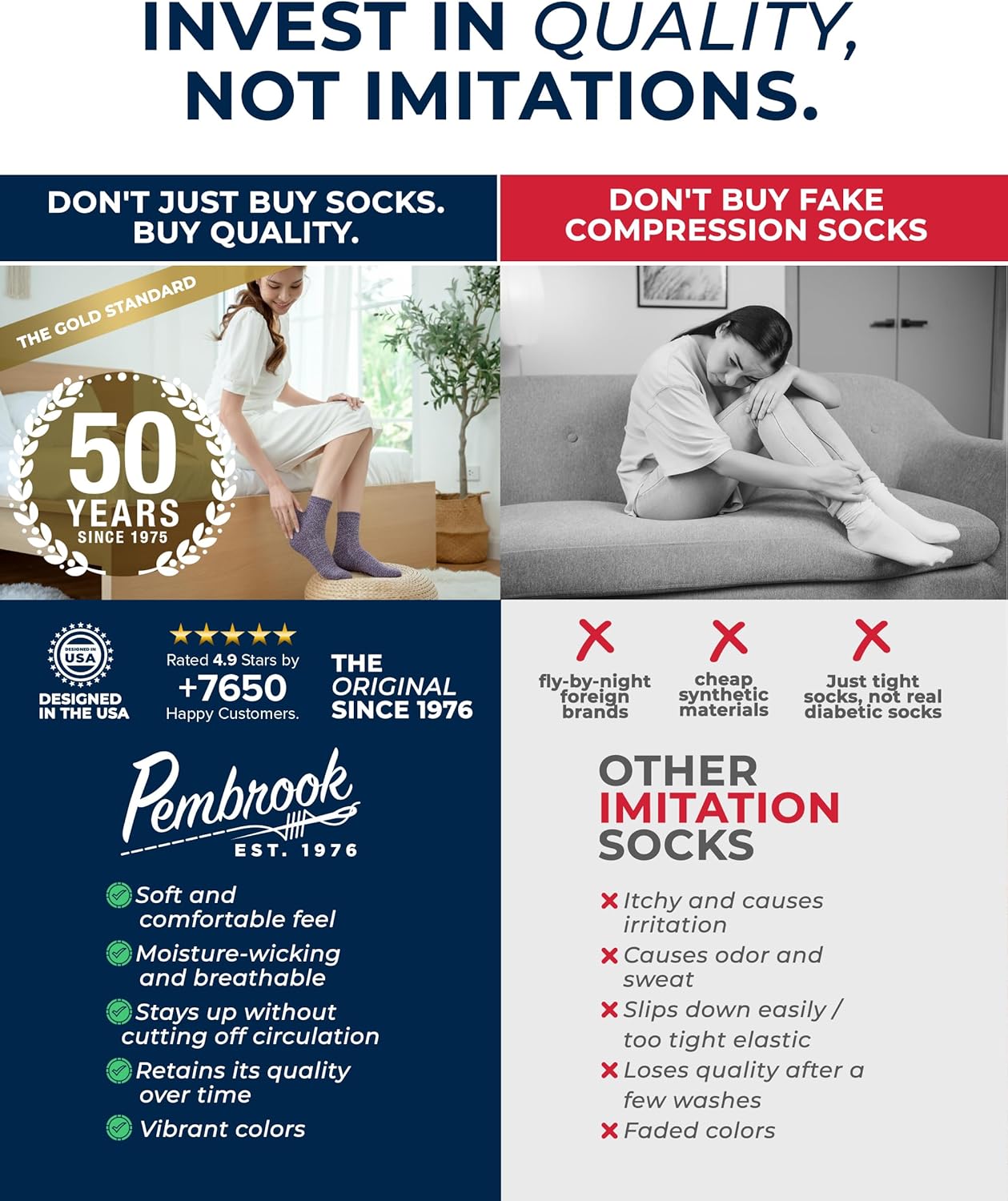 Pembrook Ankle Diabetic Socks for Women & Men | 6 Pairs | Wide Non Binding Socks Quarter Length | Edema Neuropathy Socks - Image 3