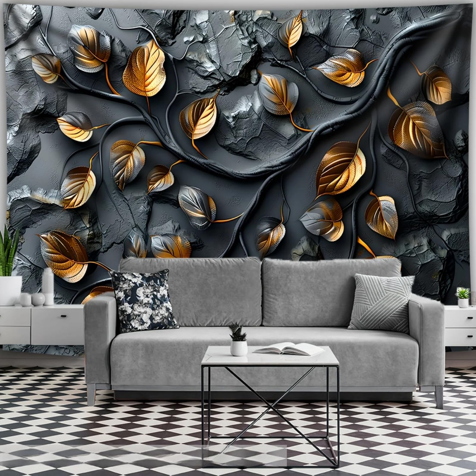 Arsey Wall Tapestry with Golden Leaves Perfect for Bedroom Apartment Living Room Modern Home Decor, Black, Large 300 x 180cm