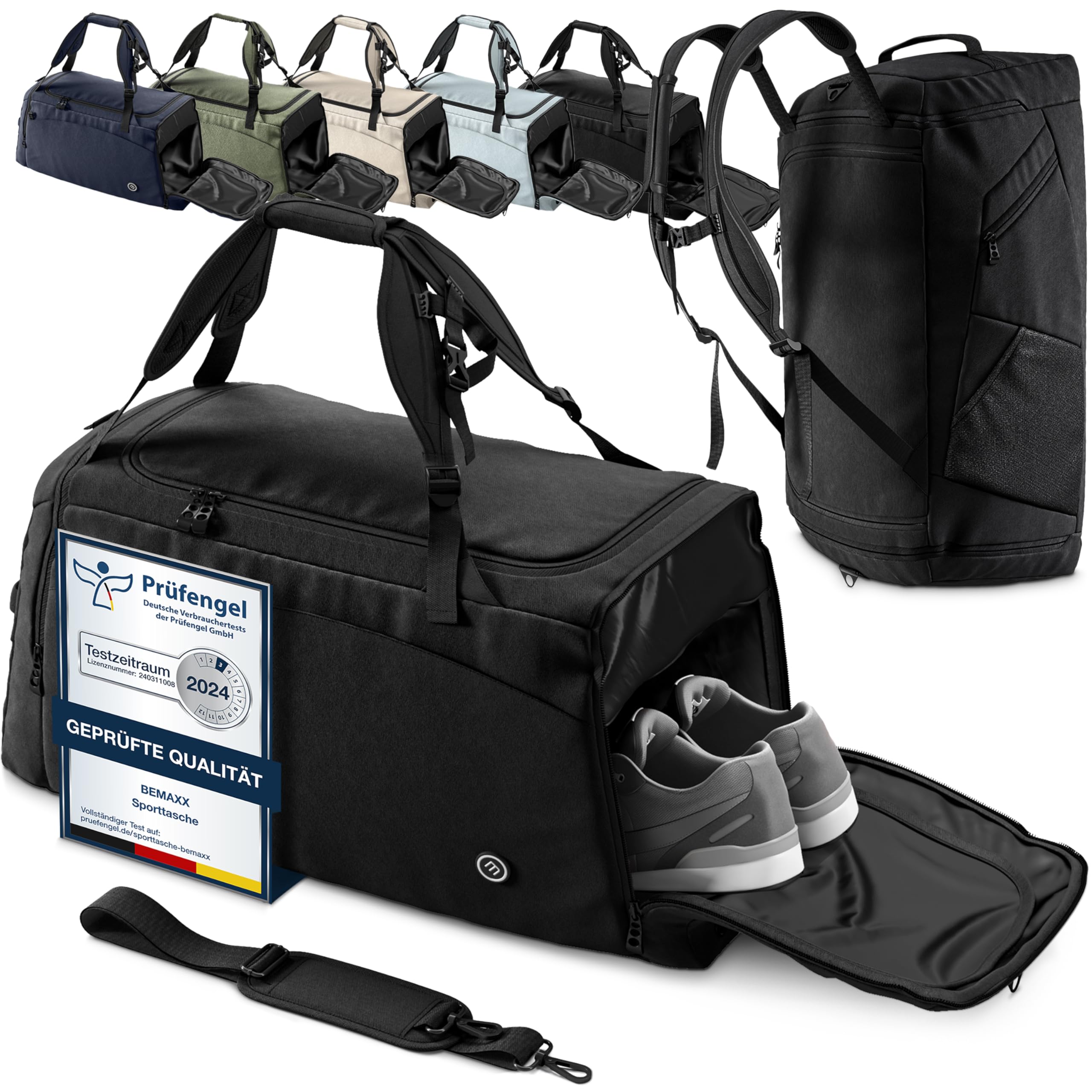 Sporttasche Trainingstasche + Rucksackfunktion, Schuhfach, Nassfach | Reisetasche Schwimmtasche Fitnesstasche Sport Gym Fitness Umhängetasche Handgepäck Weekender Bag Herren Damen | 60 L, Schwarz