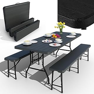 Onbest Wooden Effect Beer Tent Set for 8 People - 3 Pieces - Table with 2 Benches in Set - Beer Table Set Made of Durable ...