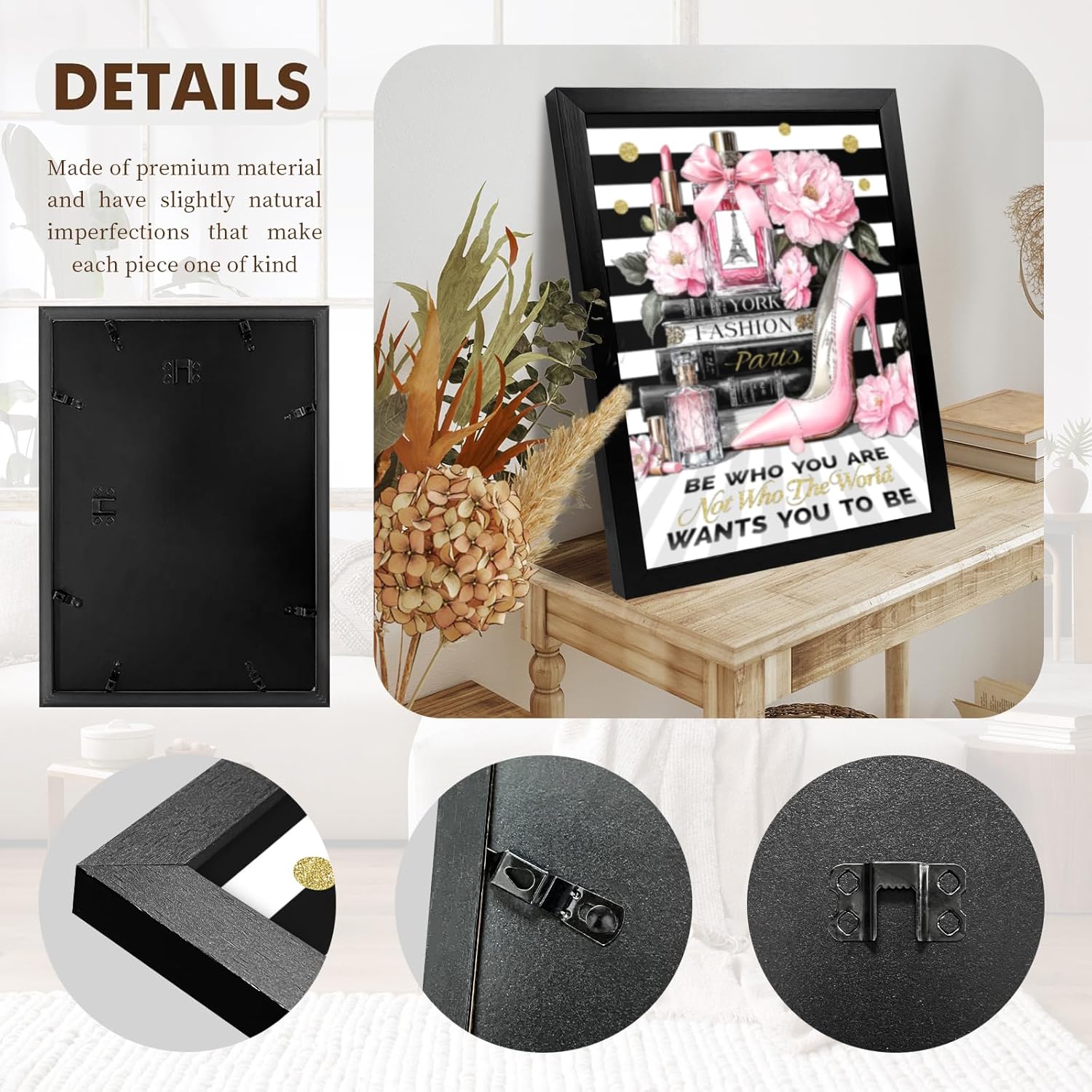 Fashion Pink Bathroom Decor Wall Art Pink Flower Perfume Pictures Canvas Wall Decor Framed Modern Black and White Striped Motivational Quetos Girly Makeup Room Artwork Painting For Bedroom 12x16 inch
