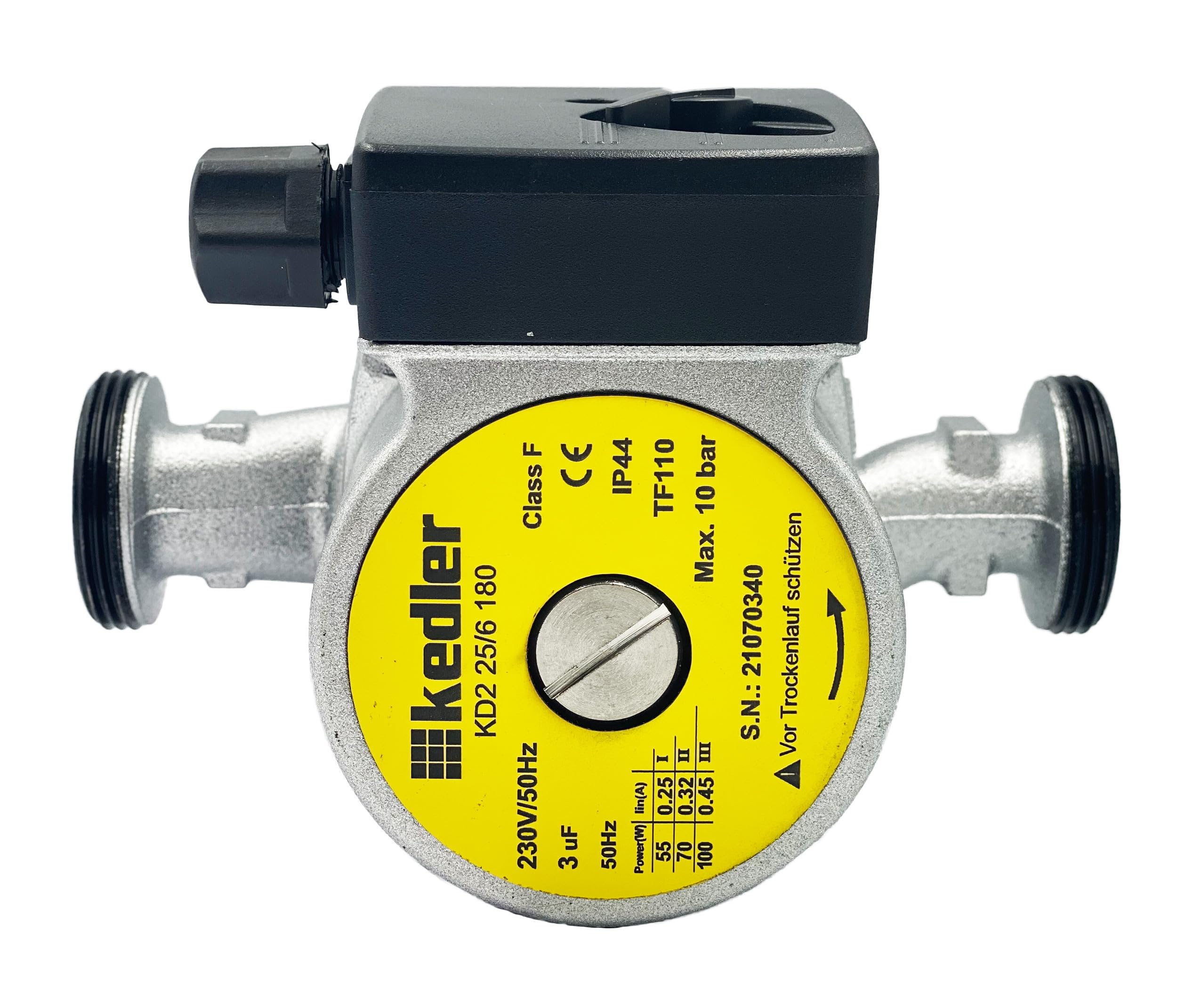 Pompa di circolazione, pompa di riscaldamento 25 – 60, altezza di mandata 6 m, pressione di esercizio 10 bar, classe di protezione IP44, lunghezza di installazione 180 mm, 3 livelli di