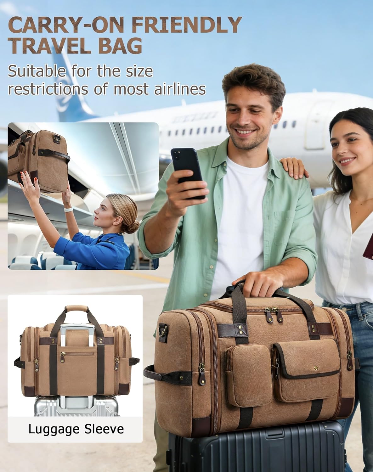 Duffle Bag for Travel, 50L Carry On Duffle Bag for Airplanes, Canvas Overnight Weekender Bag for Men and Women - Image 7