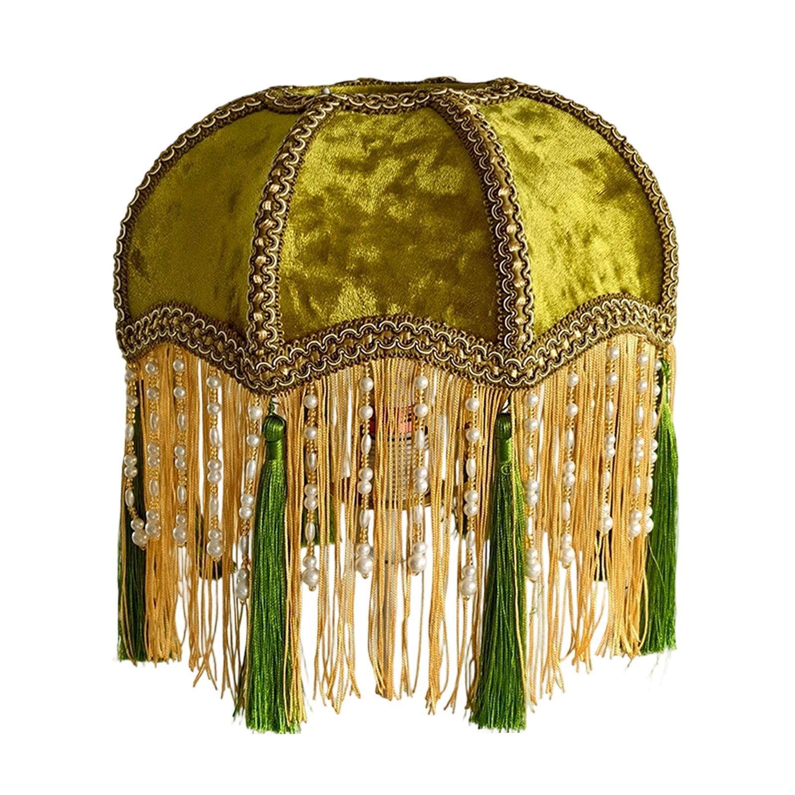Harilla Velvet Lampshade Bell Shaped Lamp Shade with Fringe Elegant French Victorian Light Shade for Table Lamps Living Room Bedroom Hallway Home Décor & Improvement Essential (Green B E10 Base)