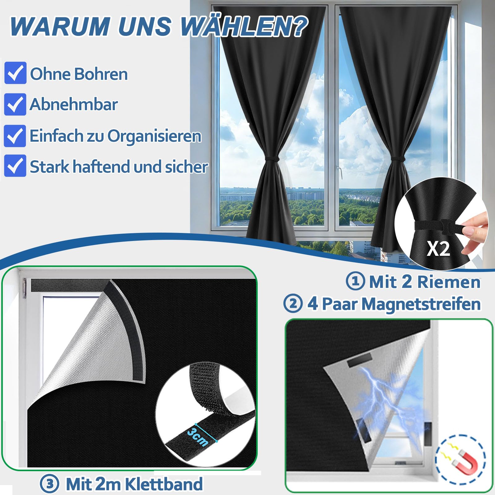 Store Occultant sans Perçage Toile Oxford 420D Rideau Découpable 200x145cm Portable Store Occultant Fenetre, Occultant et Isolant Thermique pour Chambre, Grenier, Portes et Fenêtres