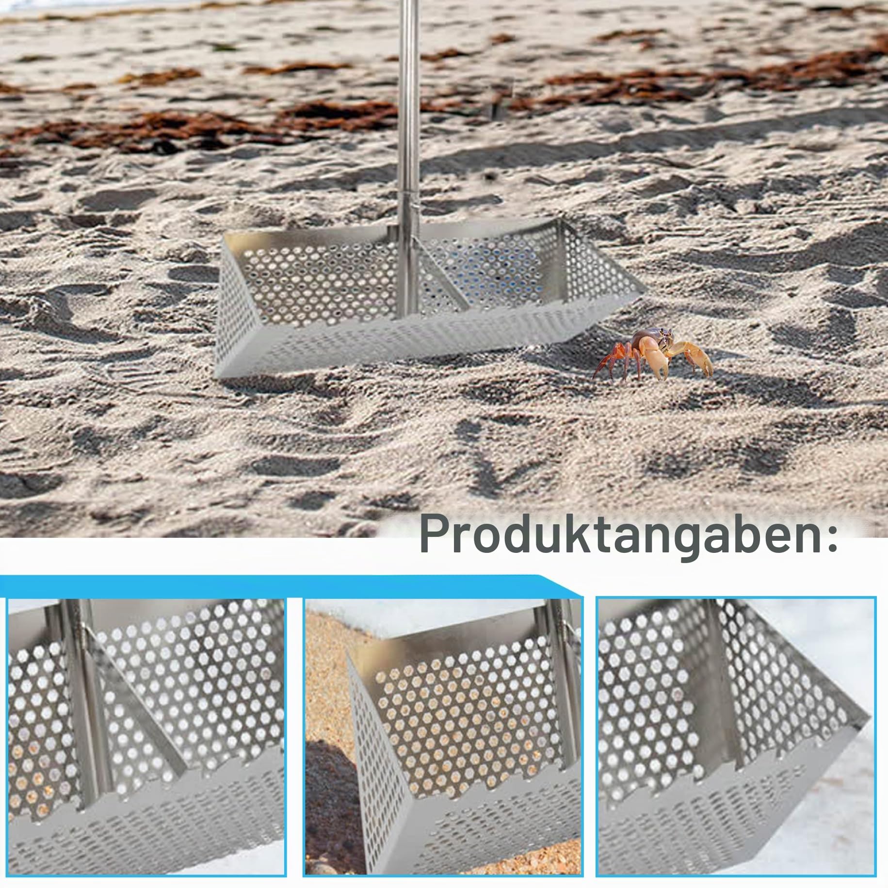 Sandflohharke Strand-Sandsieb aus Edelstahl mit 15,8-Zoll-Haifischzahn-breitem Korb, abnehmbarer Sandrechen mit langem Griff für den Strand