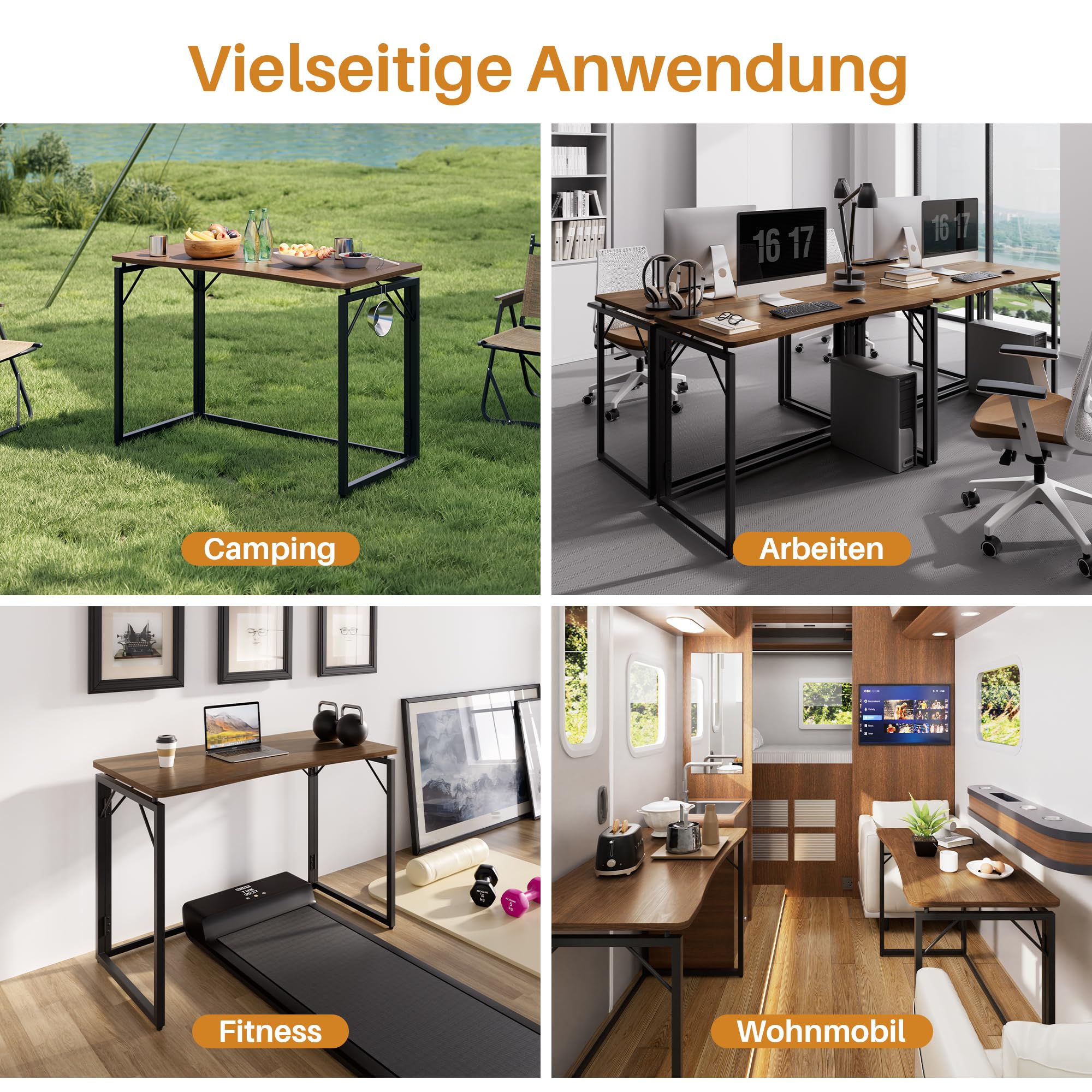 JOYMOOP 80 cm Klappschreibtisch – Braun, Keine Montage, Kleiner Faltbarer Schreibtisch für Zuhause, Büro, Holzplatte, klappbarer Computertisch zum Arbeiten, Schreiben, Lernen