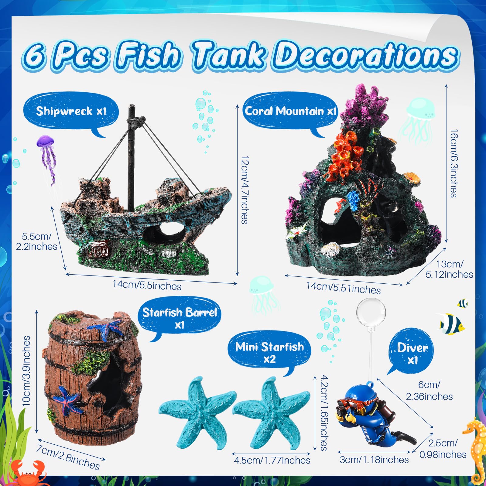 Zeyune Aquarium-Dekoration, Bergdekoration, gebrochenes Fass versunkenes Schiff, künstliche Meeresalgen, Wasserpflanzen, buntes Korallenriff für Fischschale, Dekoration, Aquarium, 15 Stück