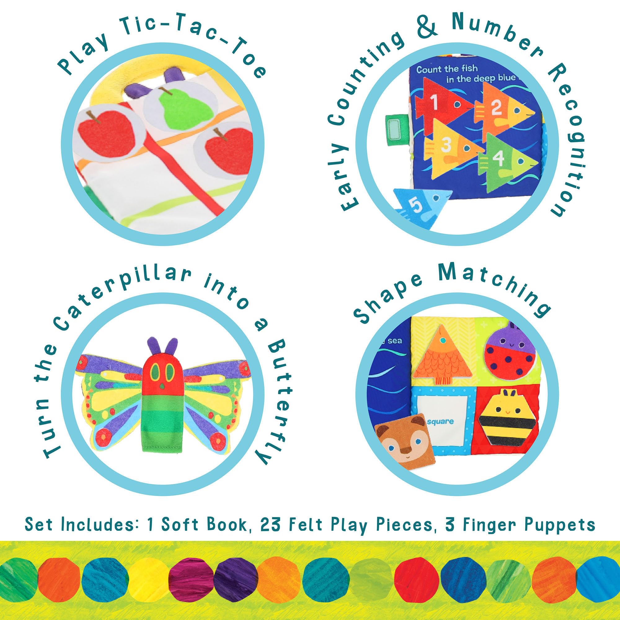 Eric Carle The Very Hungry Caterpillar - Juguete de fieltro ocupado – Actividad interactiva para la hora de cuentos con 5 páginas, 3 marionetas de dedo y 23 piezas de juego de fieltro, juguete de