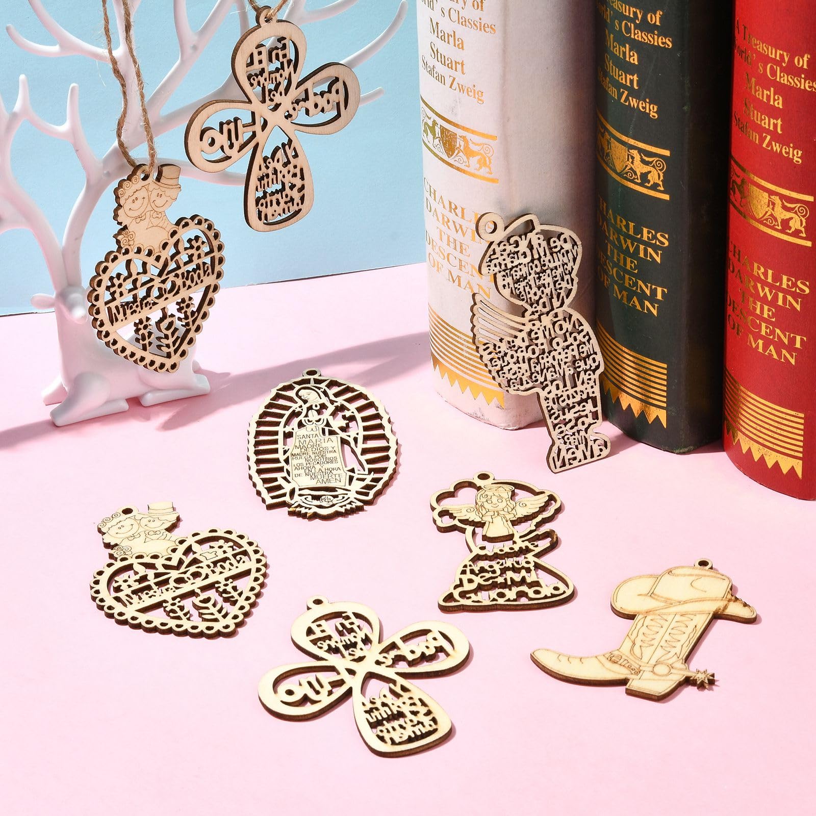 UR URLIFEHALL 35 Pcs 7 Styles Wedding Theme Hollow Wooden Charms Unfinished Wood Cross Angel Cutouts with Hole for Crafts Home Party Hanging Decor - Image 4