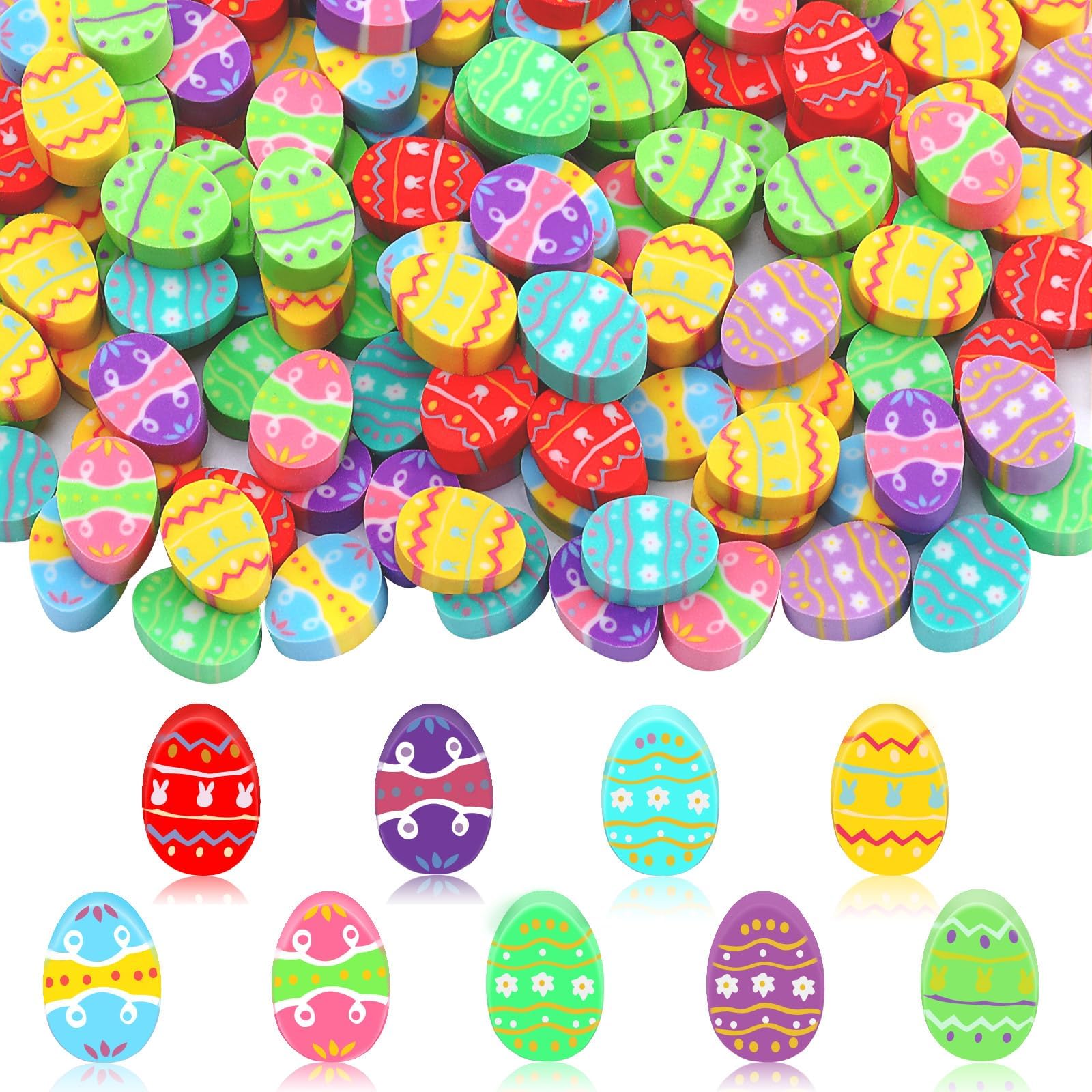 JUNEBRUSHS 150-Pack Easter Egg Erasers Bulk, 9 Styles Mini Cute Rubber Erasers for Classroom Prizes, Party Favors Easter Egg Hunt Gifts Stationery Easter Basket Filler