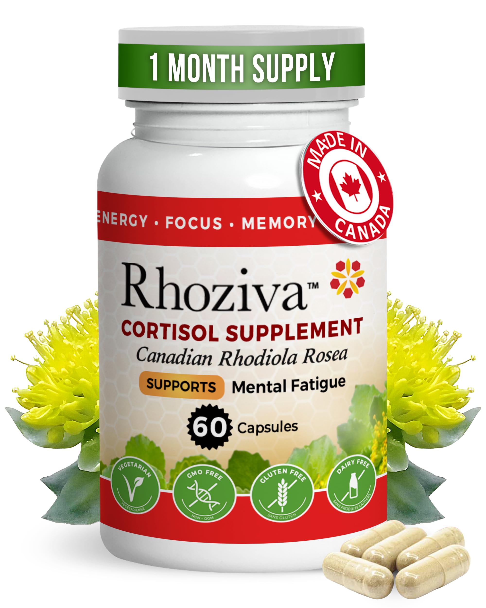 Rhodiola Rosea Supplement - Cortisol Supplement, 5:1 Root Extract for Focus, Memory, Calming & Stress Relief, Non-GMO, Gluten-Free, with Vitamins and Minerals - 60 Capsules