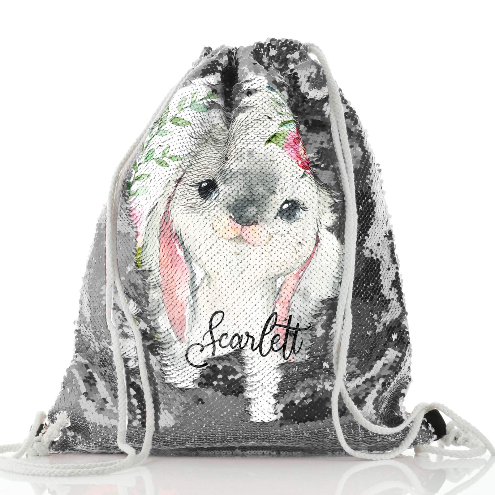 Personalised Bag, Silver and White Sequin Flip Drawstring Backpack Customised with Initial/Name/Text, Rabbit Flower Wreath Design, PE Bag, Gym Bag, Gift Bag, Shopping Bag, Size: (45cm x 36cm)