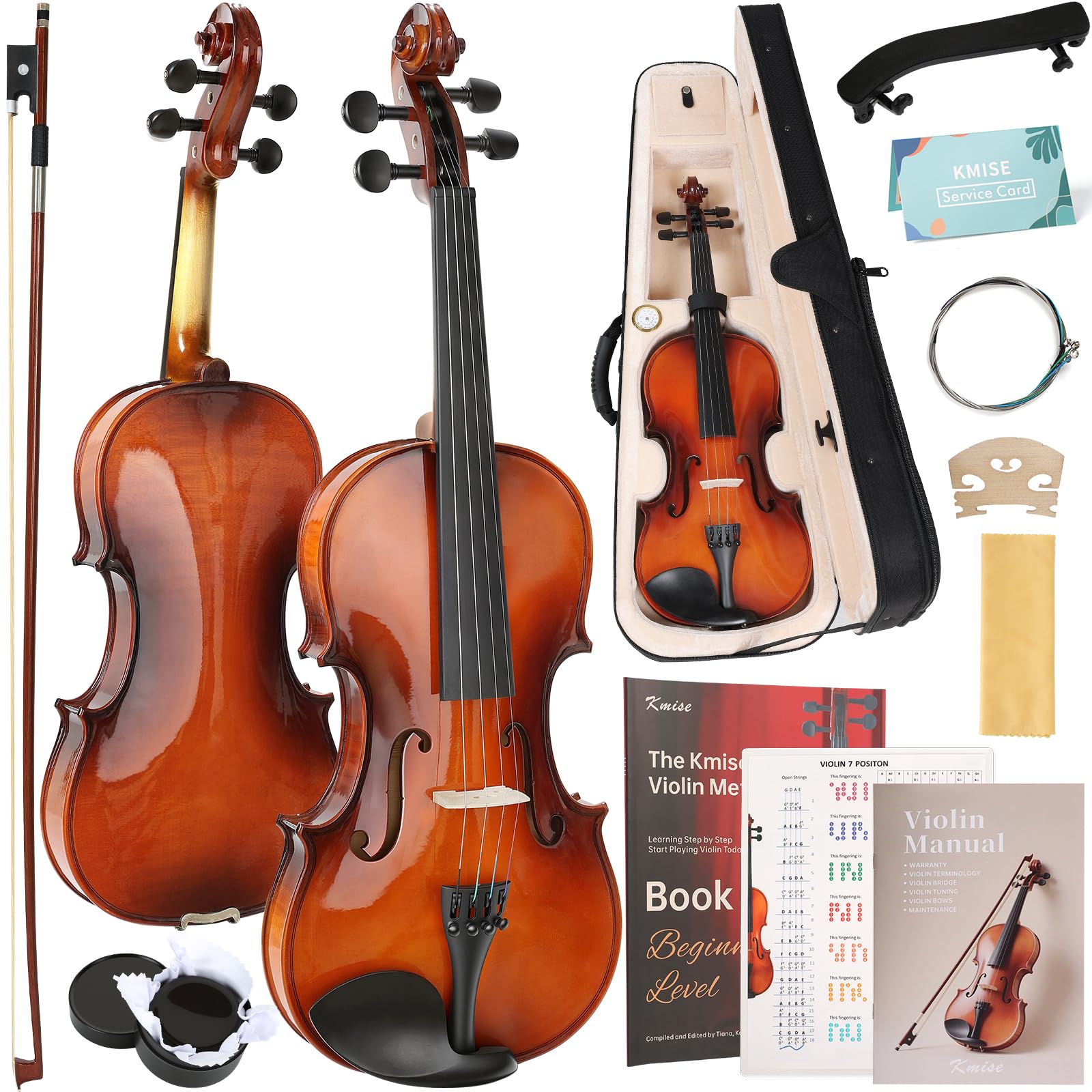 Kmise Violin 4/4 Full Size Starter Kit for Students Beginners Adults, Quality Ebony Acoustic Fiddle Set with Hard Case, Bow, Rosin, Extra Strings, Shoulder Rest, Guide &amp; Chart