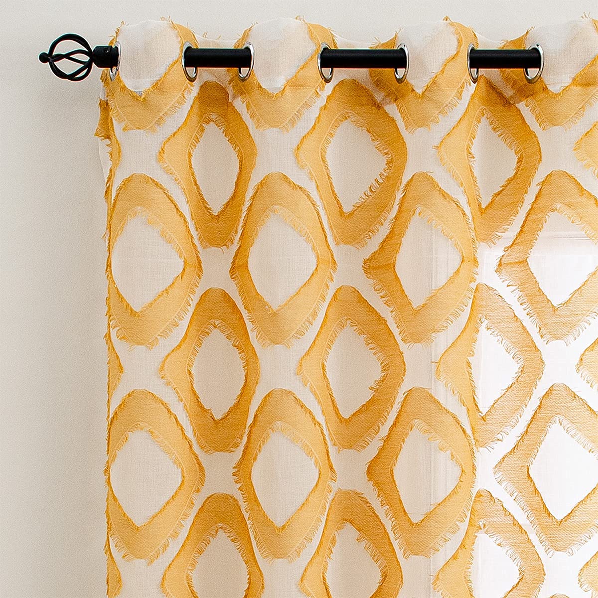 Linentalks Shaggy Yellow Sheer Curtains 84 Inches Long, Diamond Patterned Geometric Faux Linen Sheer Curtains for Living Room Yellow Drapes, Grommet