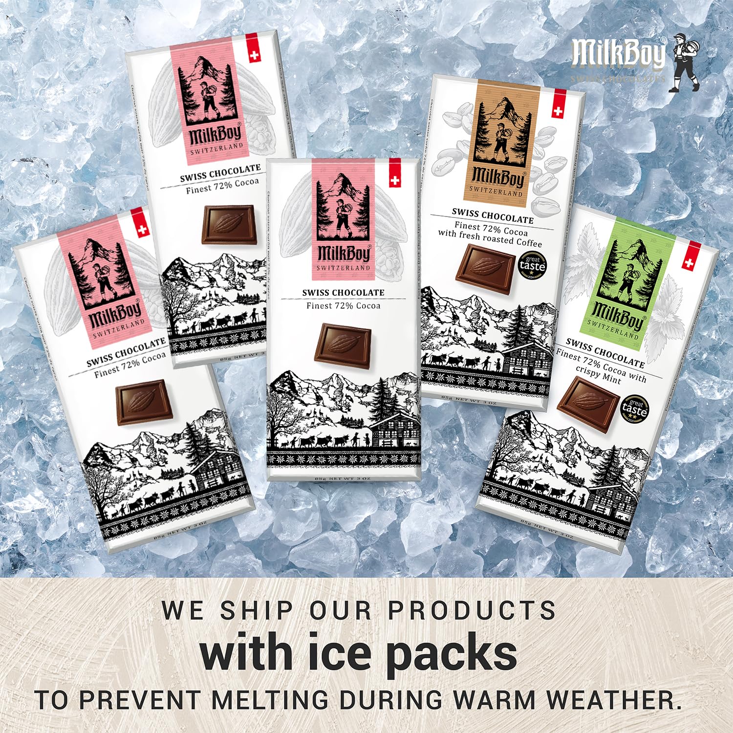 Milkboy Swiss Chocolates 72% Dark Chocolates Variety Pack - Chocolate Bars - Crafted in Switzerland - All Natural, Sustainably Farmed Cocoa - Gluten & GMO Free, Vegan - 3 oz (Pack of 5)