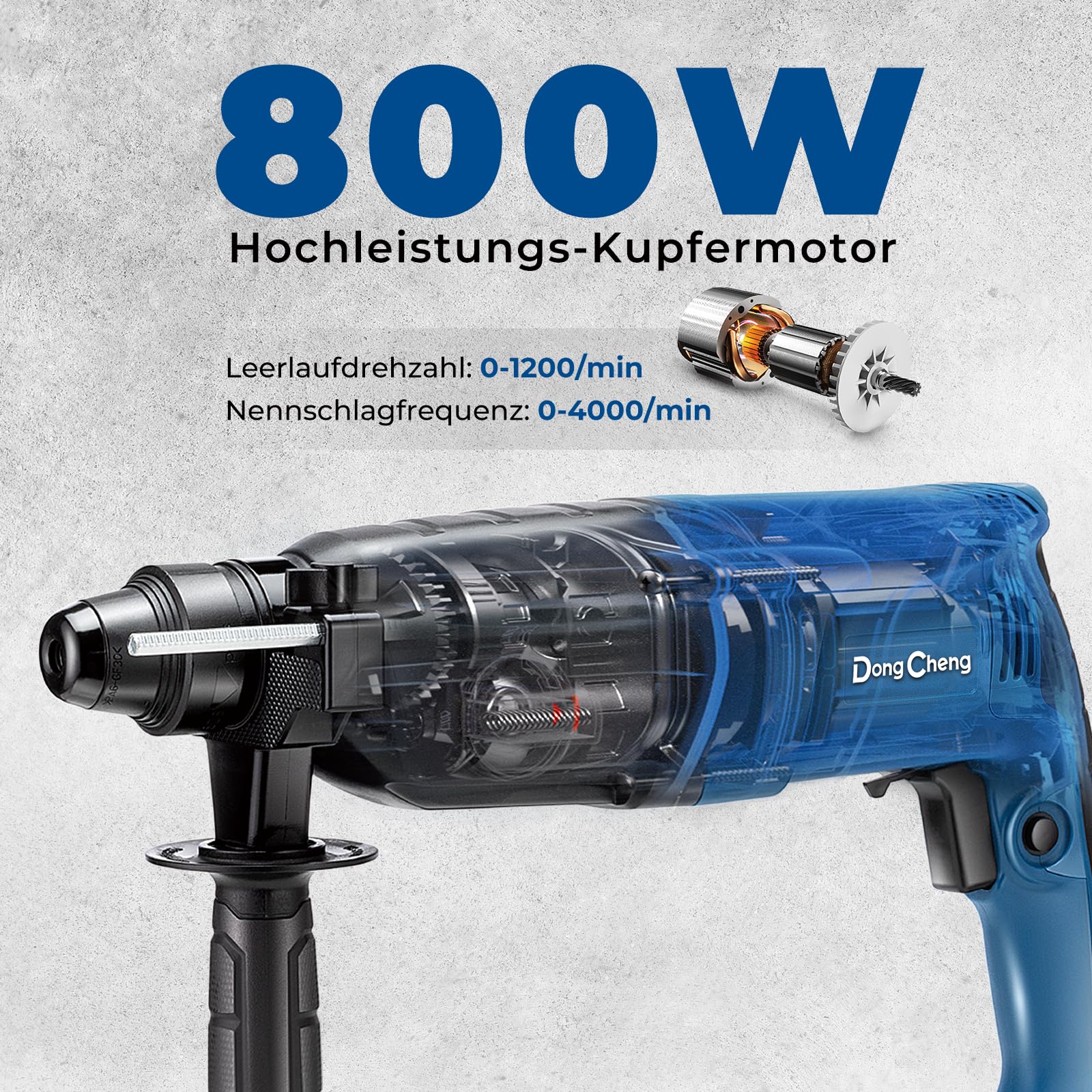 DongCheng Bohrhammer 800W, Schlagenergie 2.8 J, Leerlaufdrehzahl 0-1200U/min, mit 4 Drill Bit SDS plus, Bohren bis 26mm, 4 in 1 Bohrmaschine, Abbruchhammer, Anti-Vibrationsgriff
