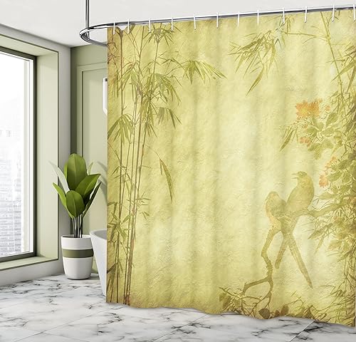 Miniatura 3 de Ambesonne Cortina de ducha temática asiática, siluetas de pájaros en la rama, impresión artística de vida silvestre inspirada en retro, juego de