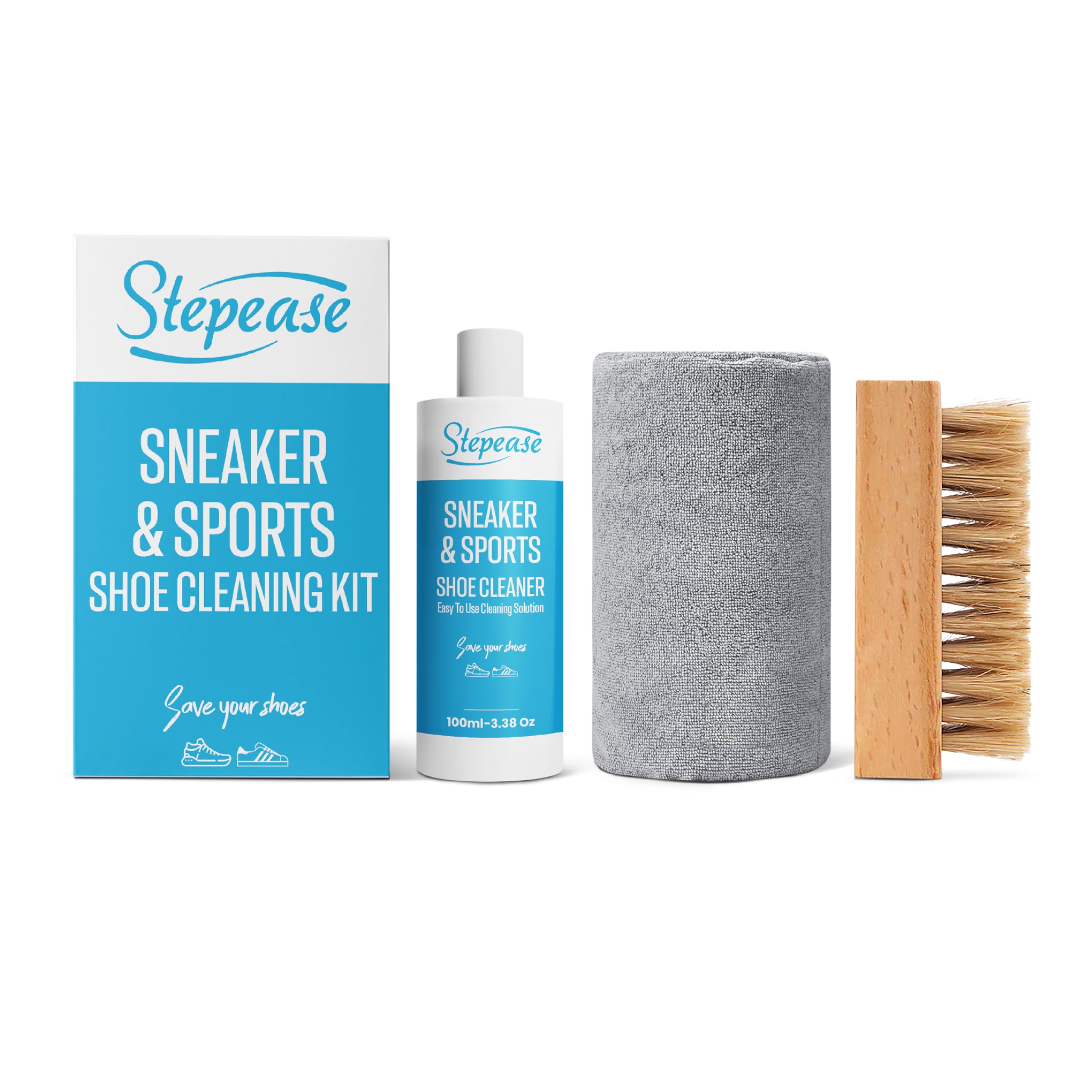 STEPEASE Shoe Cleaning Kit with 100 mL Shoe Cleaner Bottle,1 Soft Brush & 1