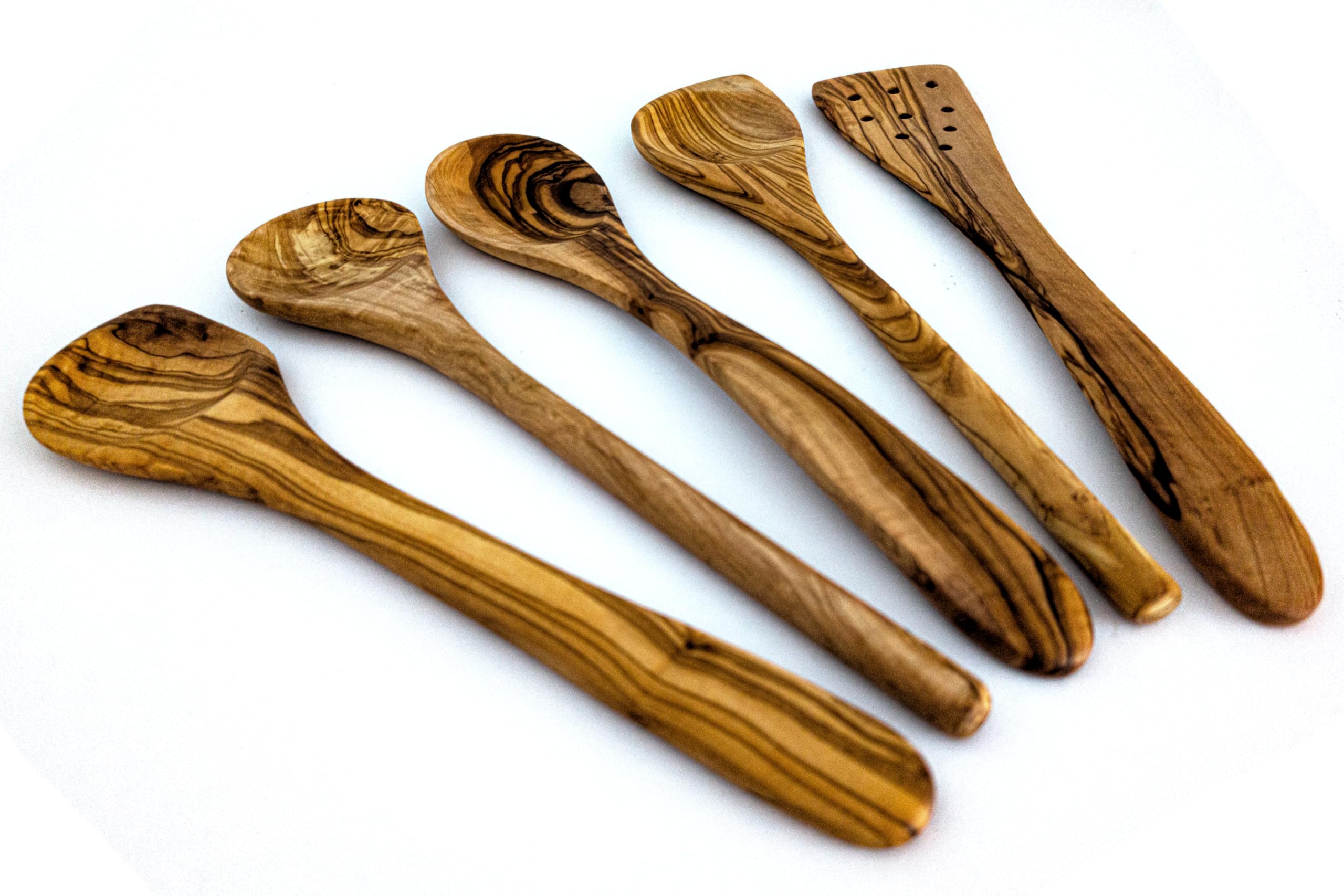 EMNA – Olivenholz Küchenutensilien Set | 5-teiliges Kochlöffel & Küchenhelfer Set Holz | Handgefertigt Unikat | Geschenkbox mit Zertifikat vom Gründer | Geschenkidee Weihnachten Geburtstag Hochzeit