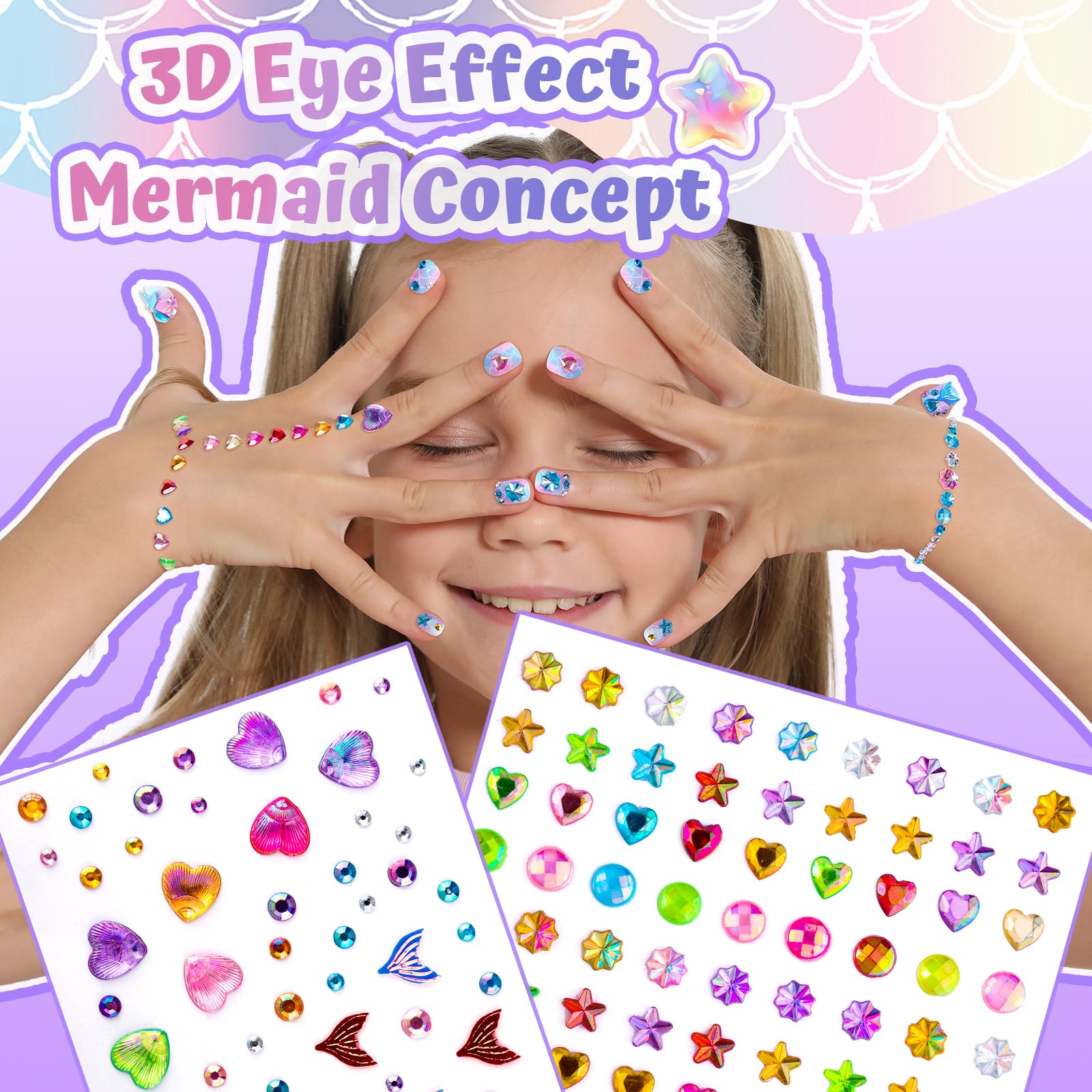 Uñas a presión para niñas, 12 estilos de uñas a presión para niños, 6 hojas de calcomanías de uñas con forma de corazón y frutas para niños, calcomanías de diamantes de imitación 3D, gemas de 4