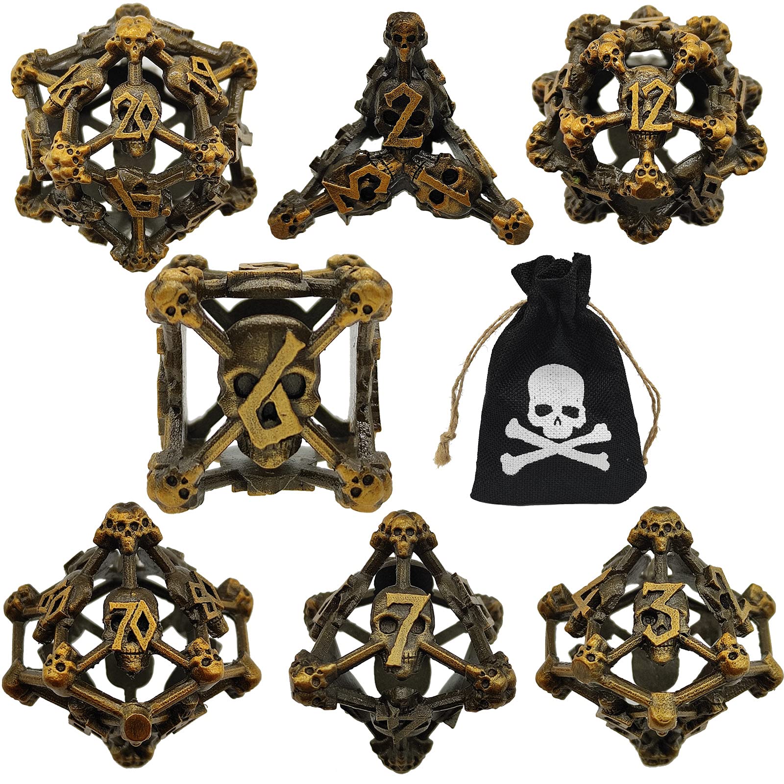 DND Dice Set Hollow Metal Halloween Skull MTG Suitable for Roleplaying Dungeons and Dragons RPG D&D D20 Polyhedral Board Game D20 Figit with Black Dice Bag-Ancient Gold
