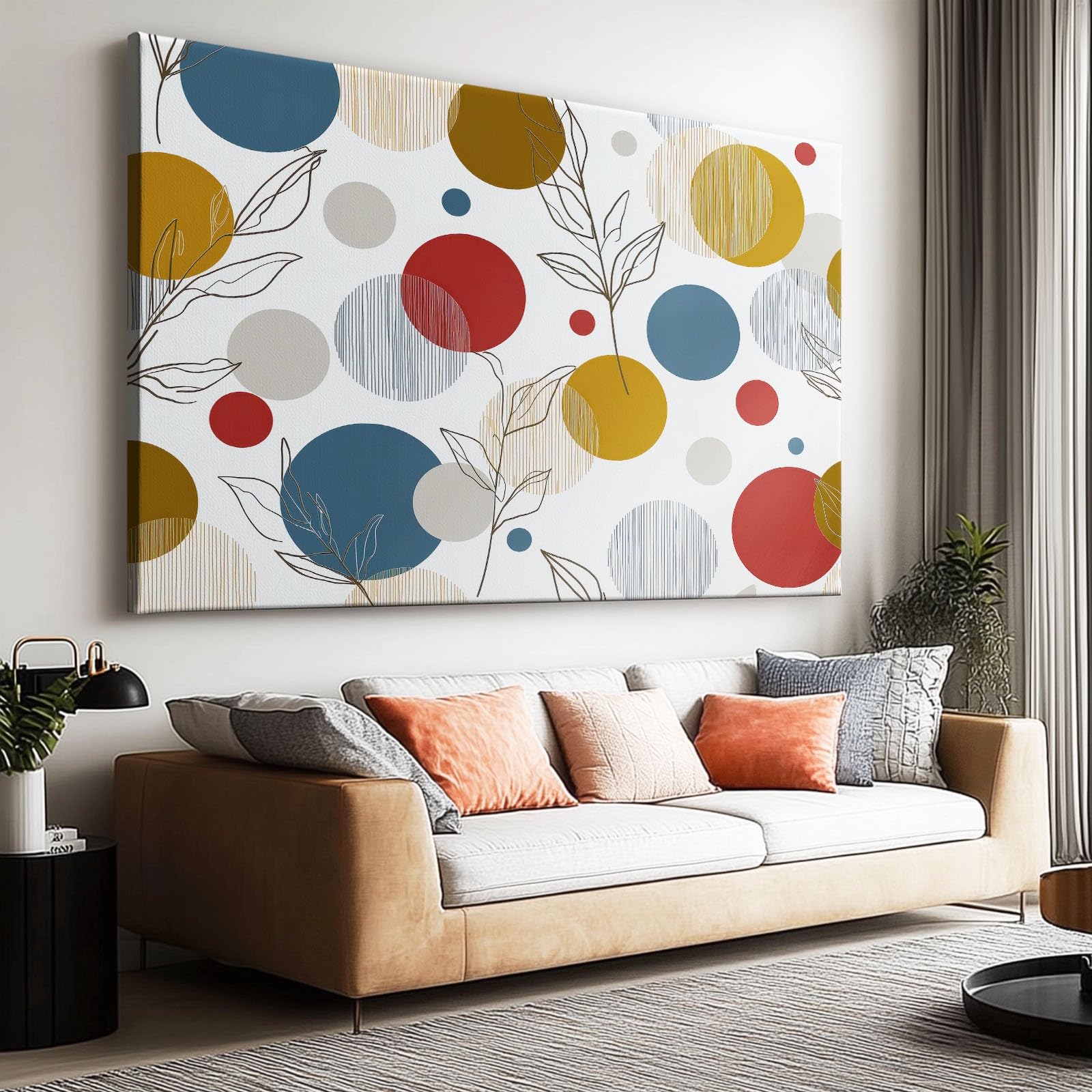 Abstrakt Geometrisch Polka Dots Pflanzen Modernes Leinwandbild 120L x 80B cm mit Rahmen, Boho XXL Wanddeko für Wohnzimmer Geschenk Idee Einzug - Hochwertiger Kunstdruck auf Holzrahmen
