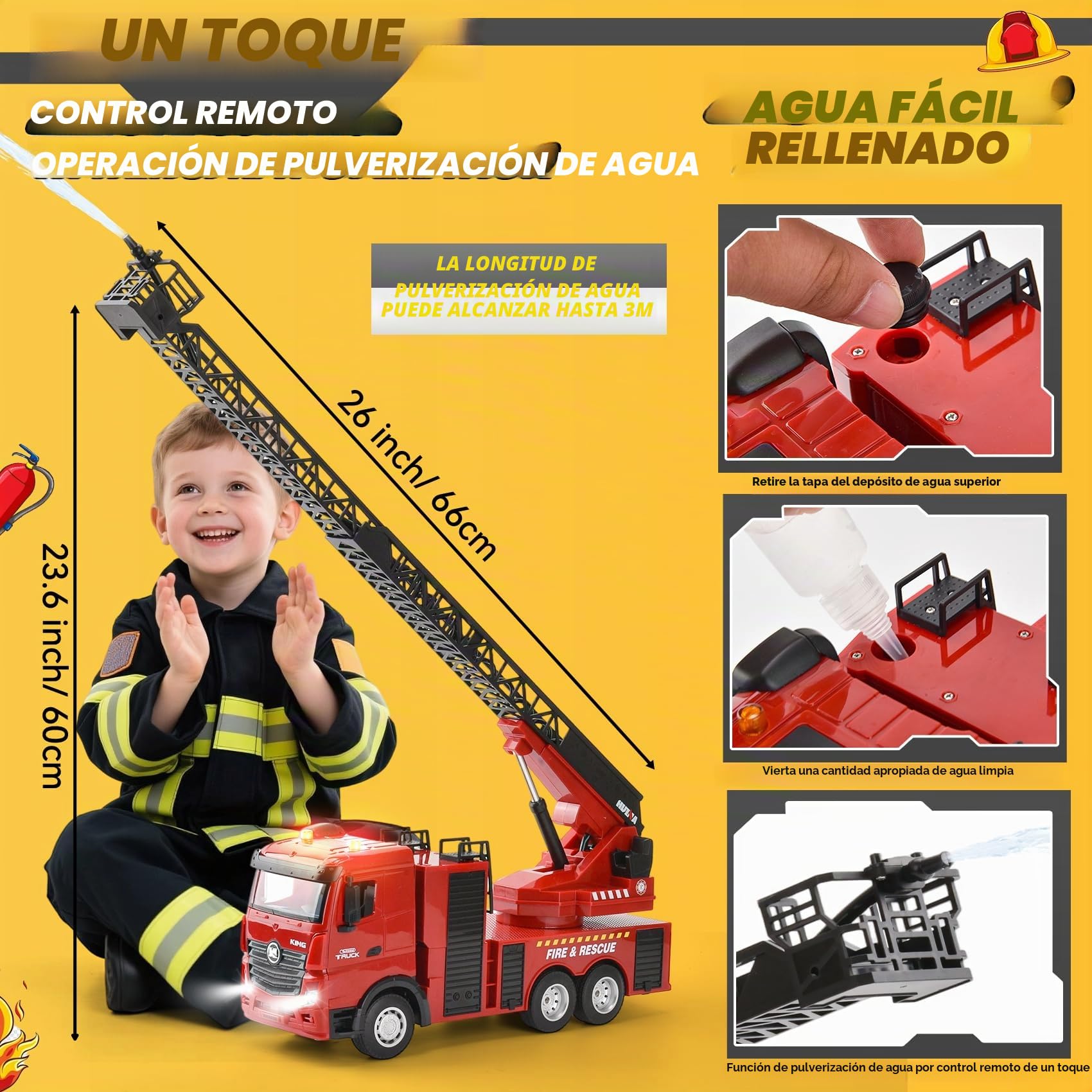 Gran Camión de Bomberos RC 1:18, Camión Bomberos con Escalera Giratoria 270° & Cañón de Agua, 7.4V Recargable, Luces y Sonido, Camiones de Juguete para Niños de 3 a 12 Años