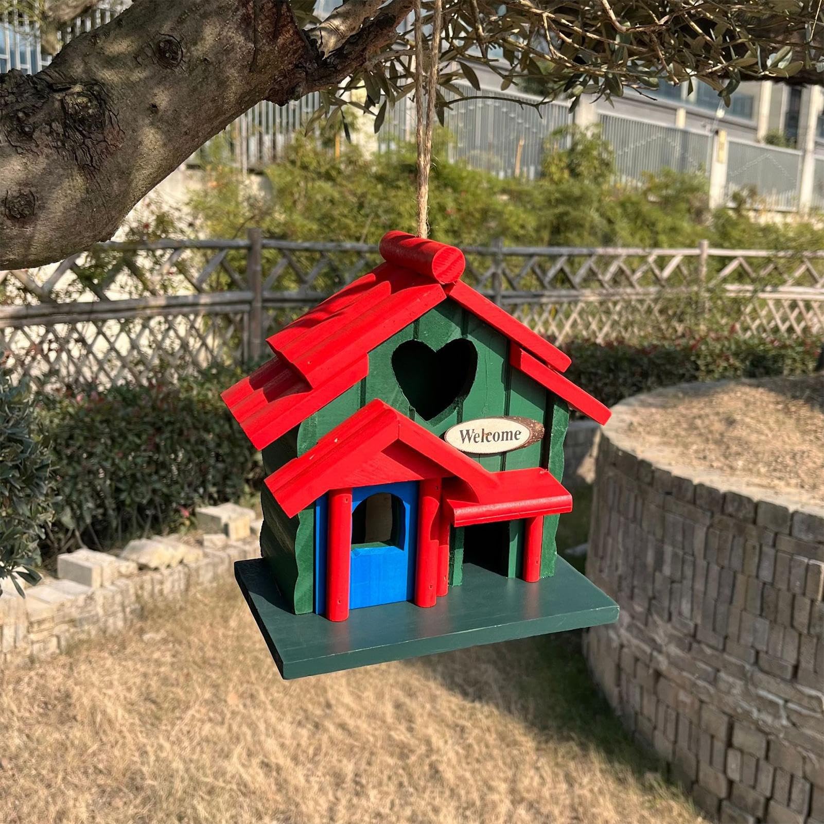 Casas de Madera para Pájaros Refugio Estético de Madera con Cuerda | Casitas Para Azulejos en Exterior Para Petirrojo Gorrión Agapornis Pinzón Jardín Terraza Balcón Patio