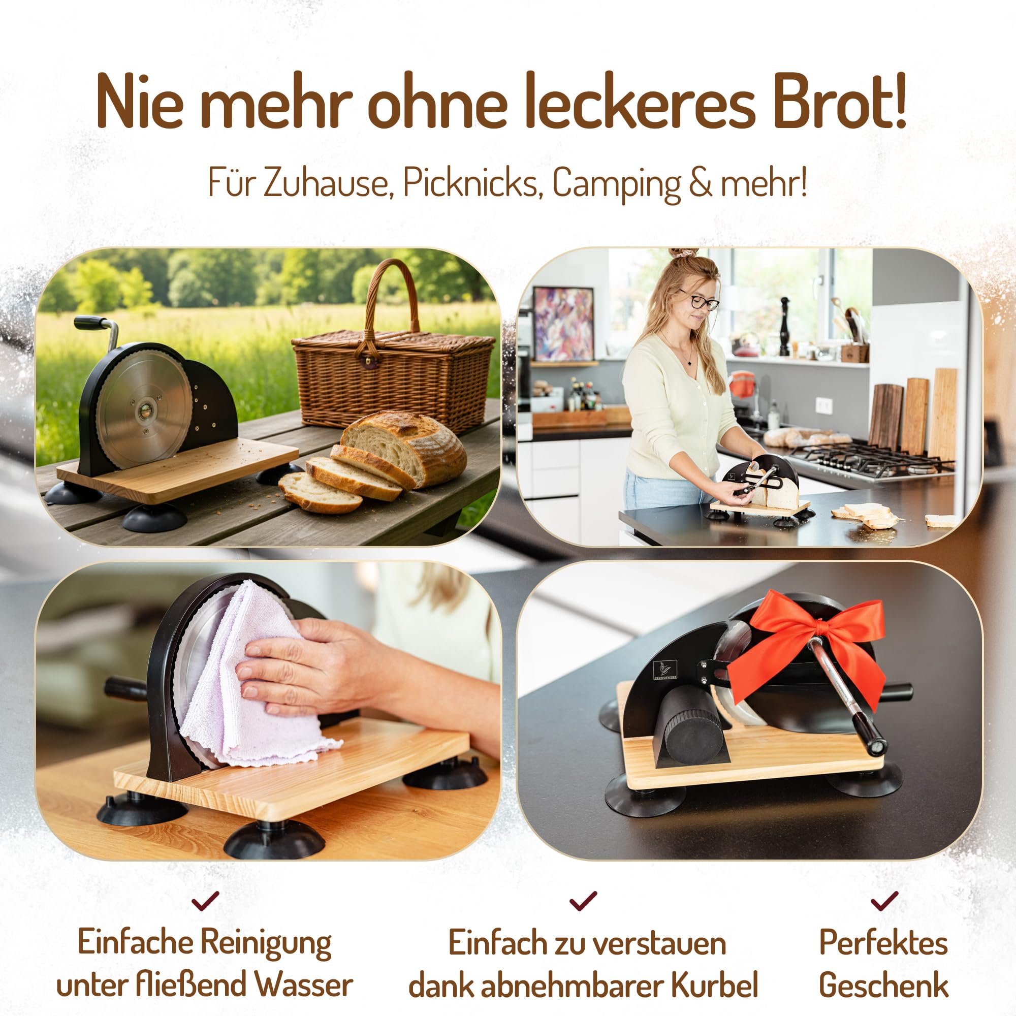 Brotschneidemaschine manuell – Hochwertiger Edelstahl Allesschneider mit Kurbel & Holzbrett | Präziser Schnitt, Retro-Design, rutschfeste Saugfüße für Brotliebhaber | Schwarz
