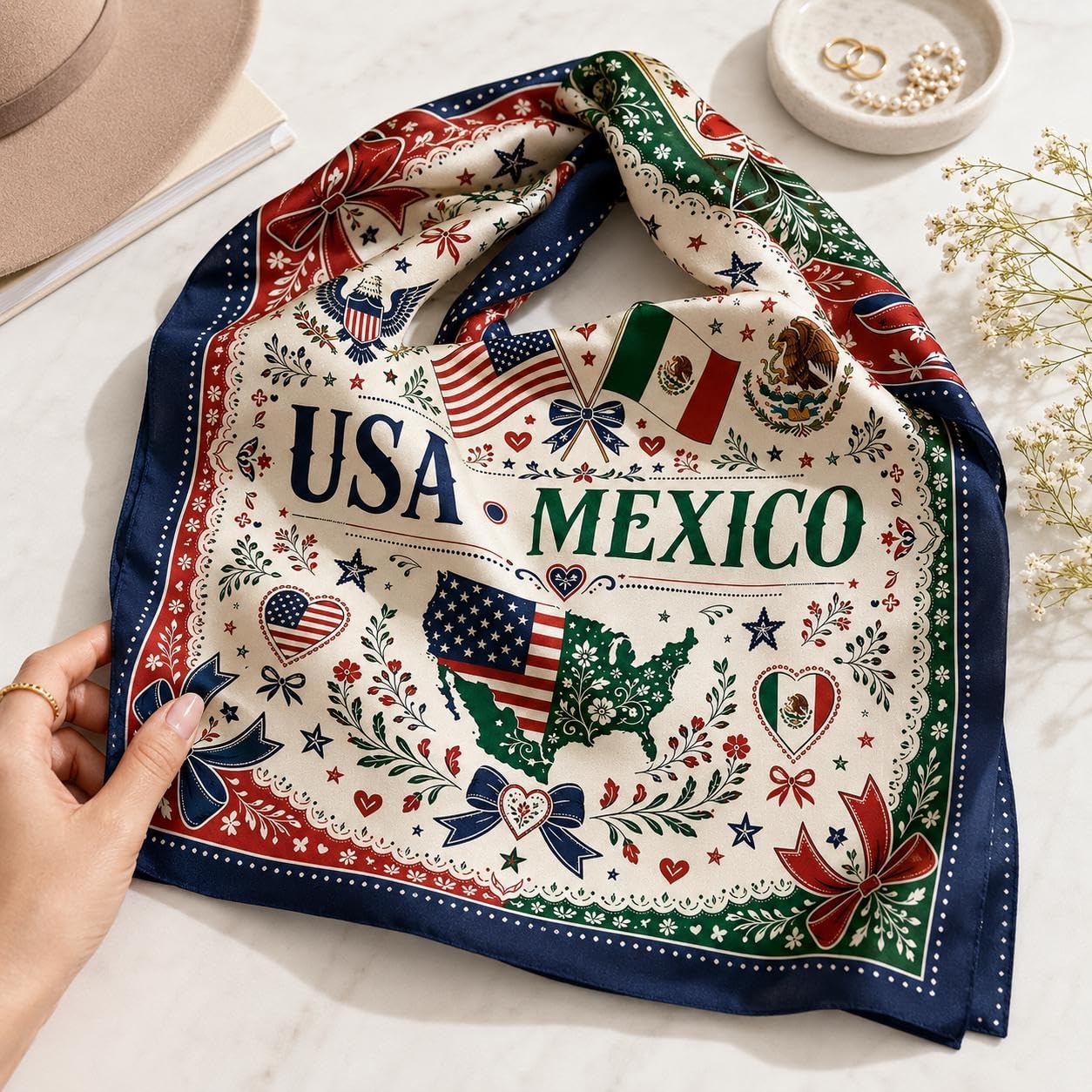 USA Mexico Satin Hair Scarf for Women, Mexican American Bandana Square Head Wrap, Neck Scarf for Hair or Bag, Fiesta Outfit
