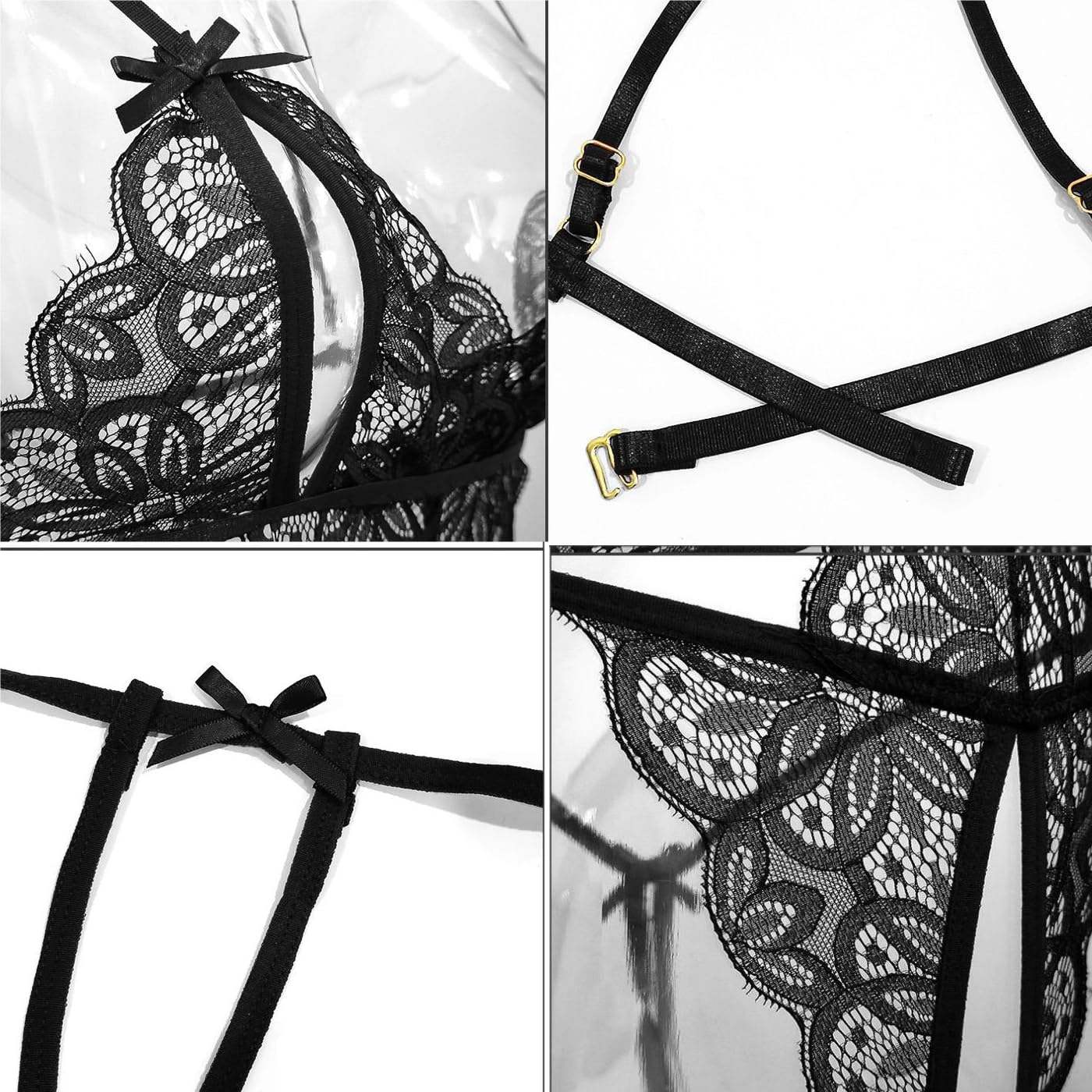 Sexy Outfit Body Sexy en Dentelle pour Femme - Une pièce - Col en V Profond - Dos Nu - Bretelles réglables - Vêtements de Nuit coquins pour Nuit de Mariage, Lune de Miel