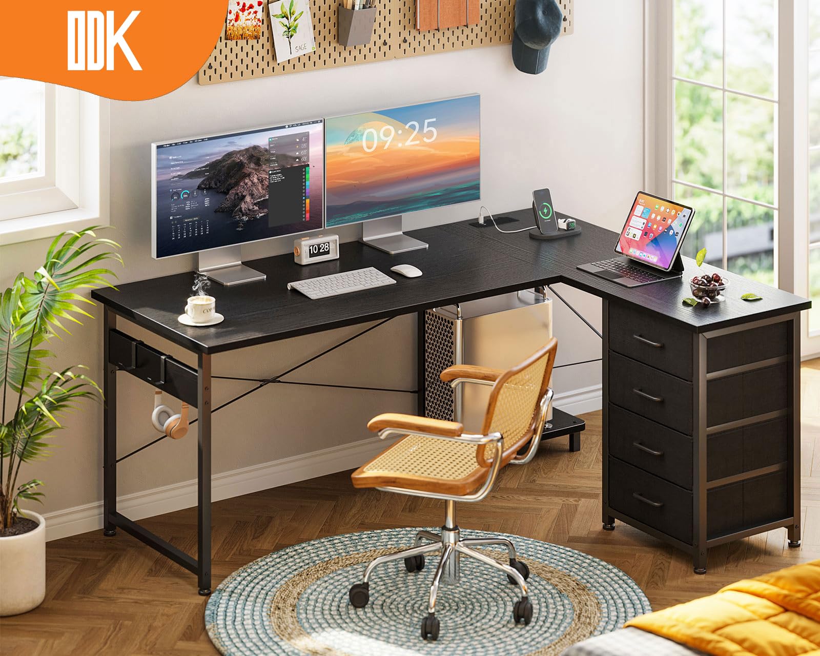 ODK Scrivania angolare con cassetti, scrivania reversibile a forma di L con presa di corrente, scrivanie da ufficio con porta di ricarica USB e supporto per host per casa e ufficio, nero, 135 x 100 cm