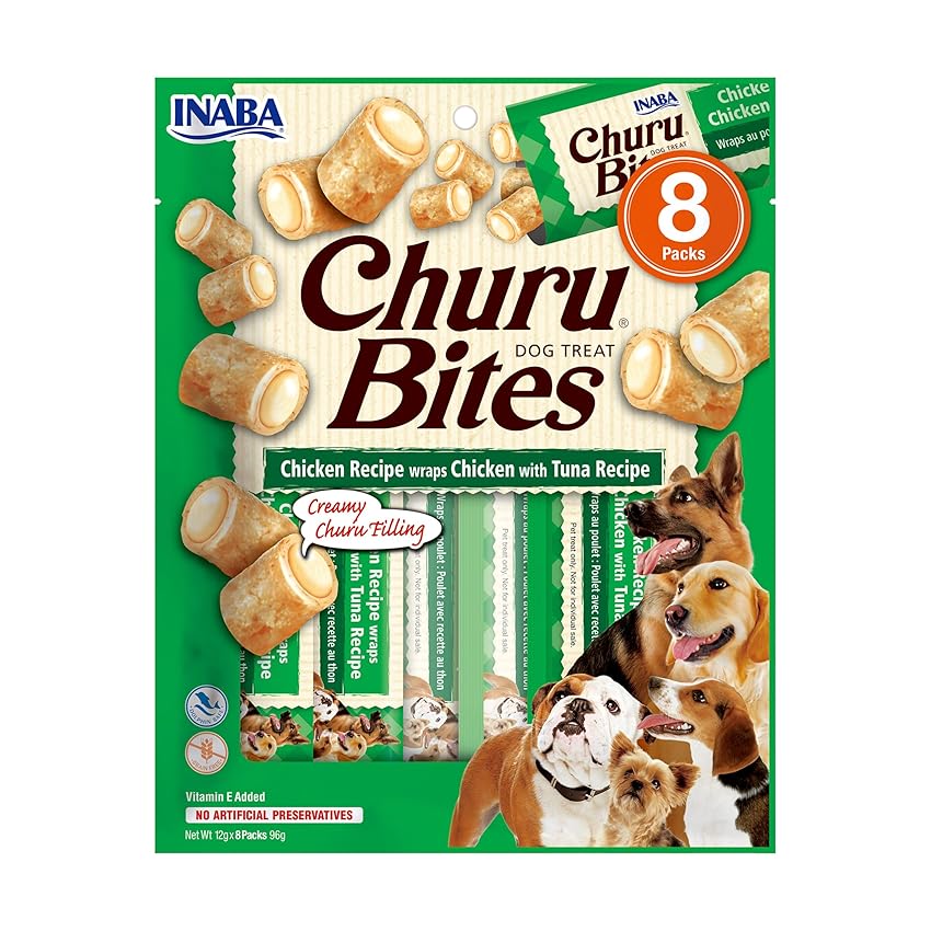 INABA Churu Bites Snack per Cani, Bocconcini di Pollo con Cuore di Tonno - 1 Pack (8 Stick x 12gr) - Premietti per Cane Morbidi e Deliziosi - Cibo per Cani Senza Conservanti o Coloranti Artificiali