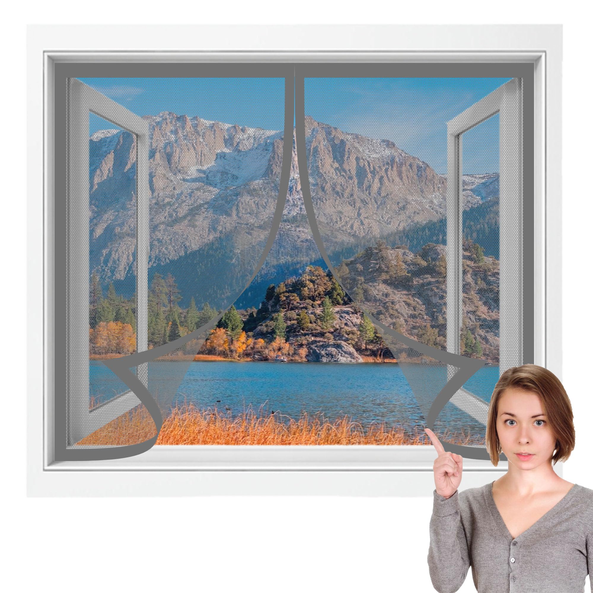 Window Fly Screen 135 x 85 cm Selfadhesive Tape Mosquito Net Window Insect Screen Mesh Excellent Ventilation While Blocking Bugs for Windows Doors and Patio Screens, Grey