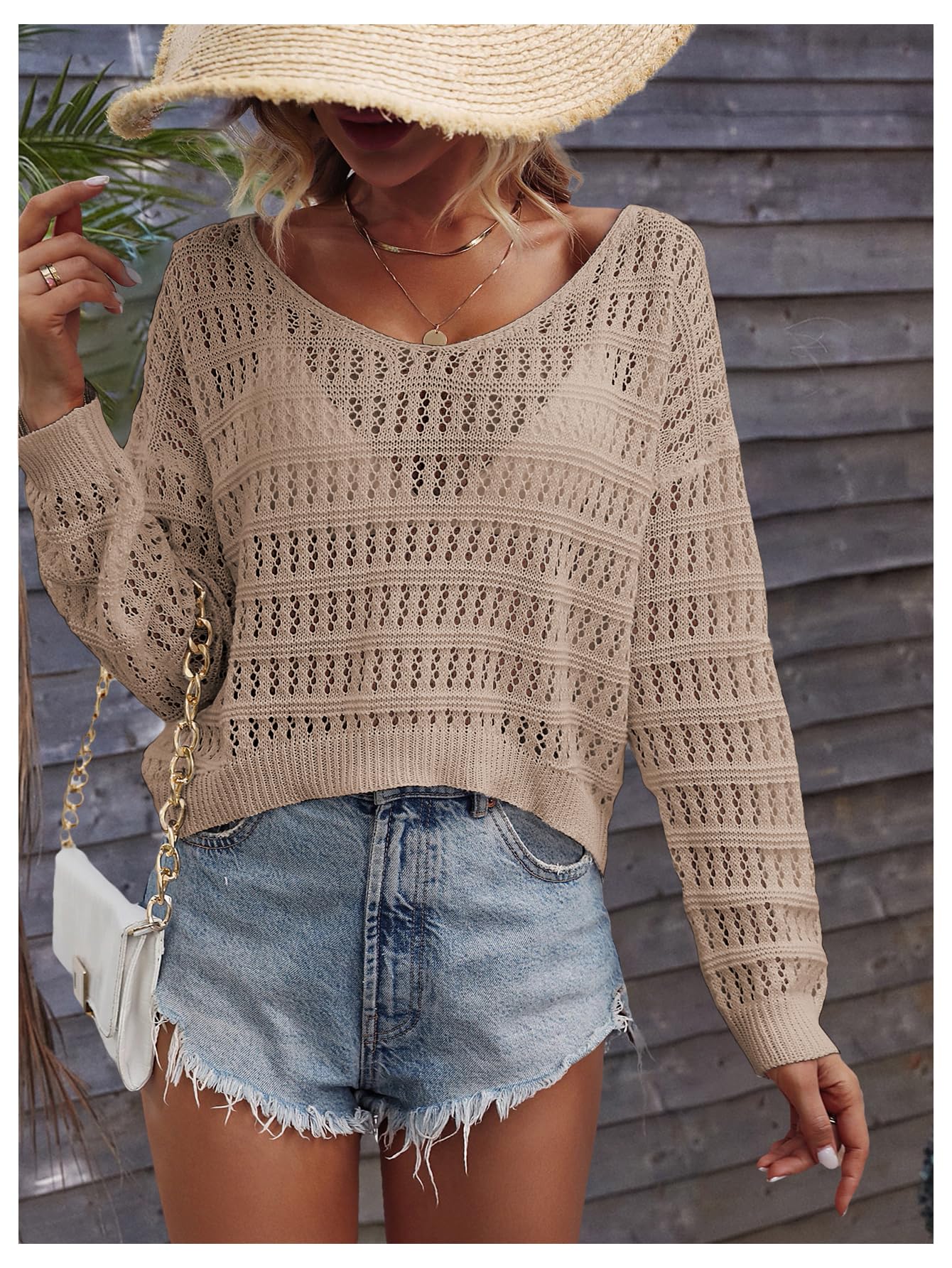 SHENHE Women's Crochet Hollow Out Drop Shoulder Scoop Neck Long Sleeve Sweater Top