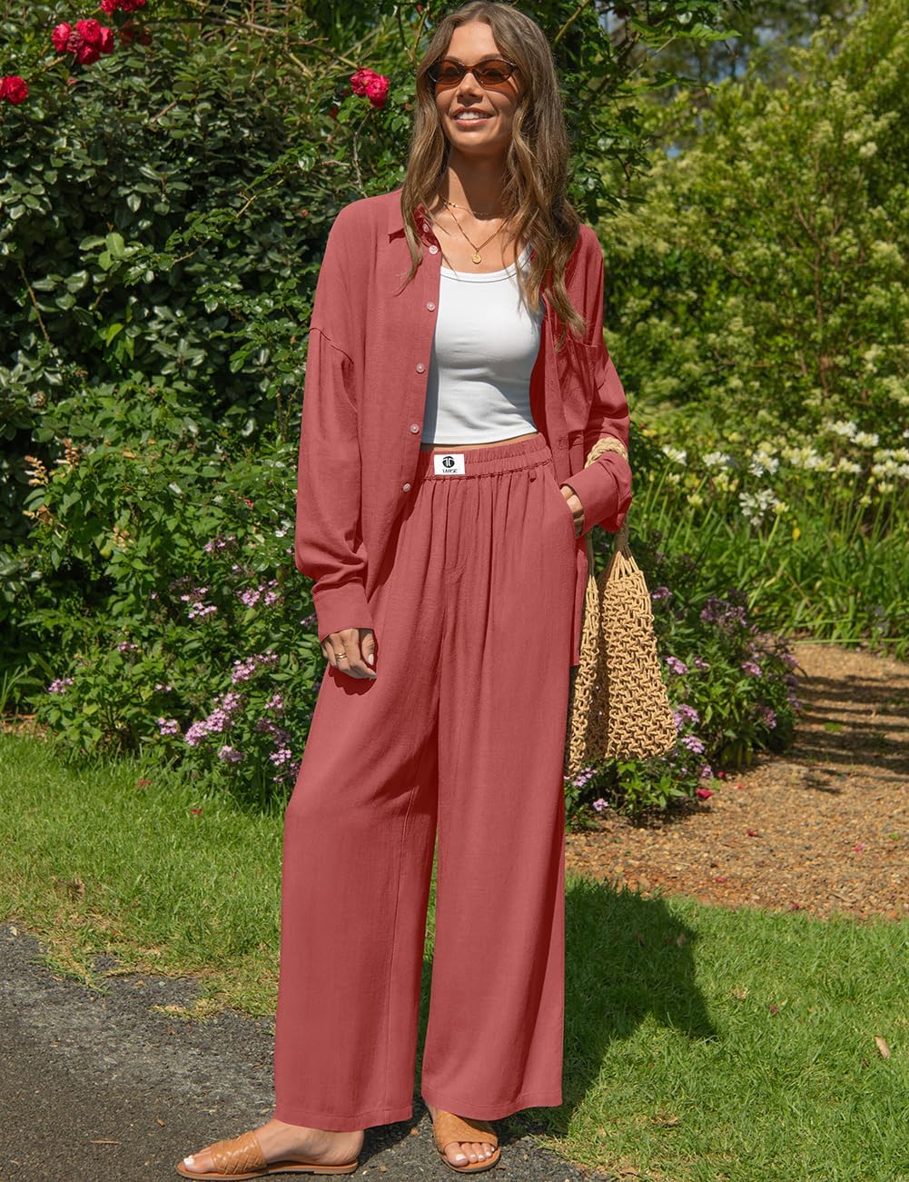 TARSE Women's Linen 2 Piece Outfits Casual Lounge Sets Long Sleeve Button Down Shirts Wide Leg Pants Vacation Set - Image 2