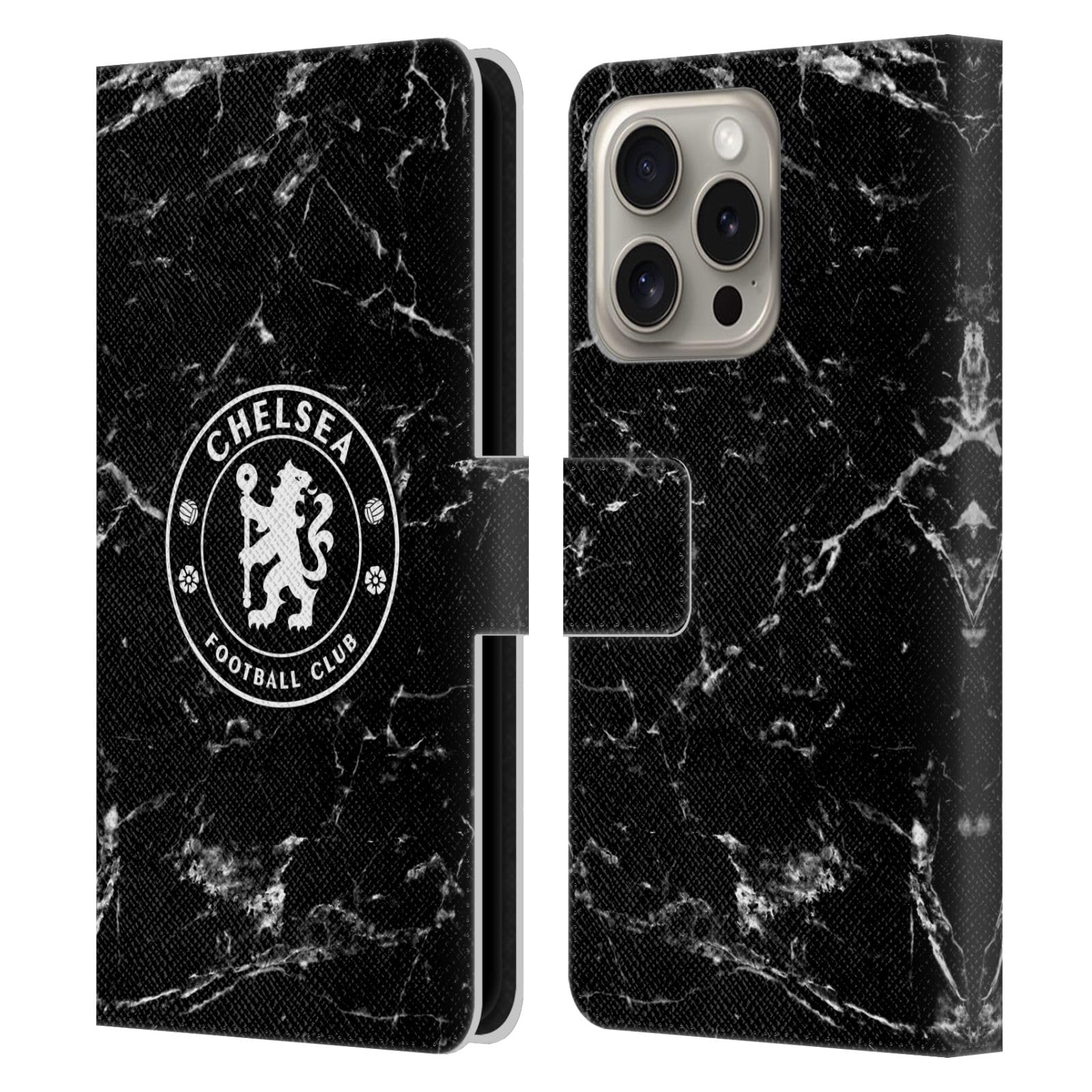 Head Case Designs Officially Licensed Chelsea Football Club Black Marble Crest Leather Flip Case Compatible With Apple iPhone 16 Pro