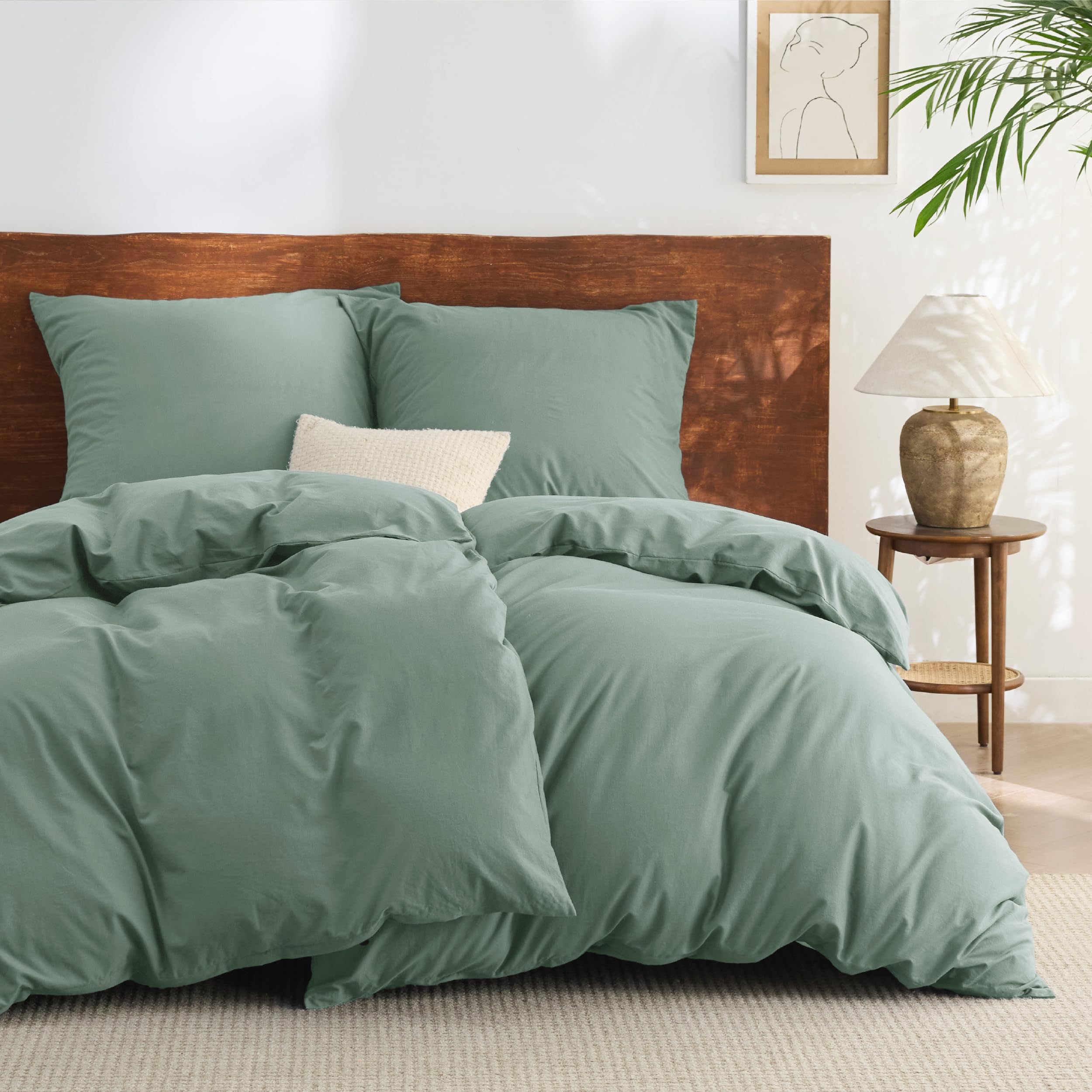 BEDSURE Bettwäsche 135x200 Baumwolle 4teilig - Bettwäsche-Sets Salbeigrün Bettbezug 2er Set mit 2 Kissenbezüge 80x80 cm, Ähnliche Textur wie Washed Leinen, Oeko-TEX Bedding Grün mit Reißverschluss