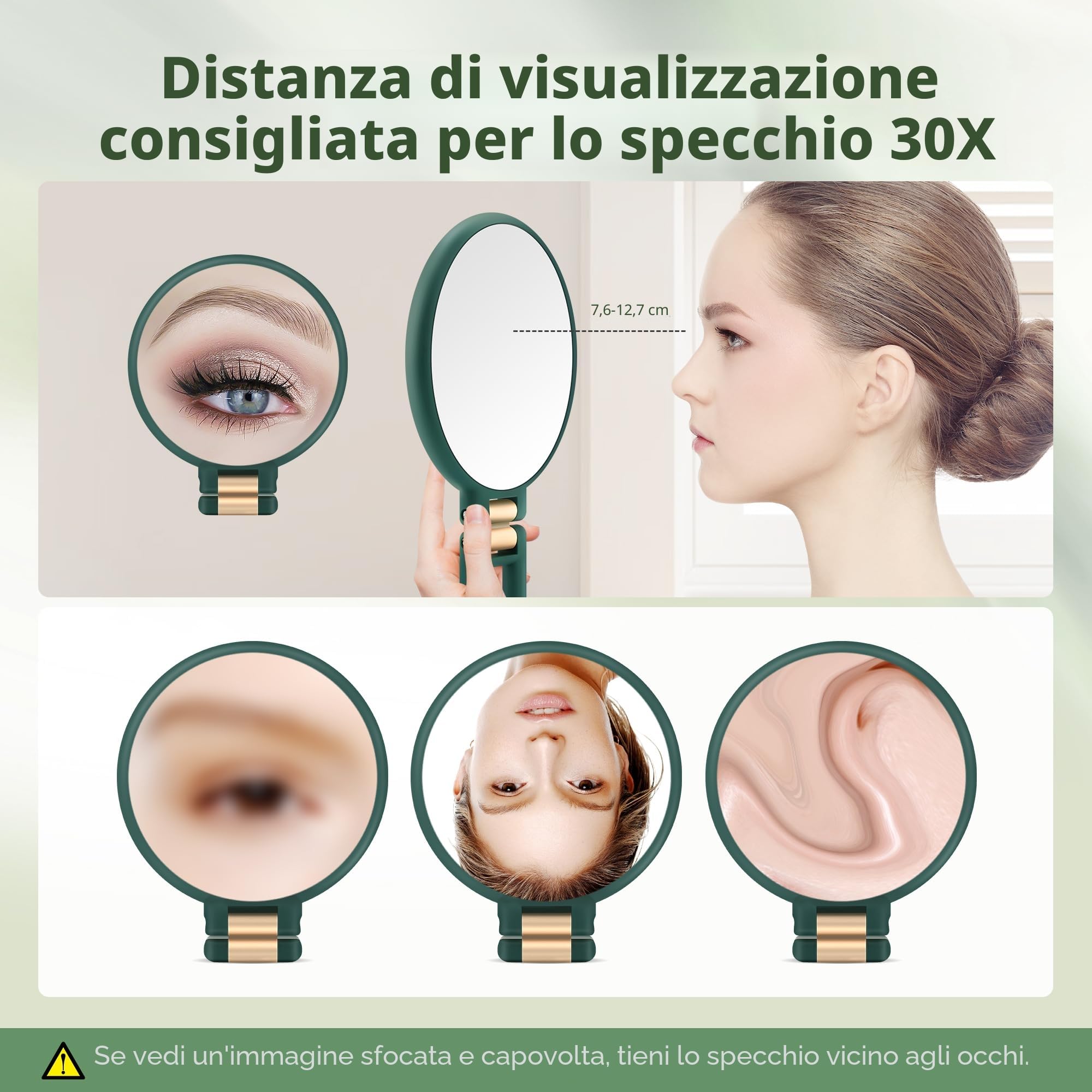 MIYADIVA Specchio ingranditore portatile, doppio lato, specchio da viaggio con ingrandimento 30X/1X, manico regolabile a 360° e pinzette di precisione, specchio portatile multiuso per il trucco, verde