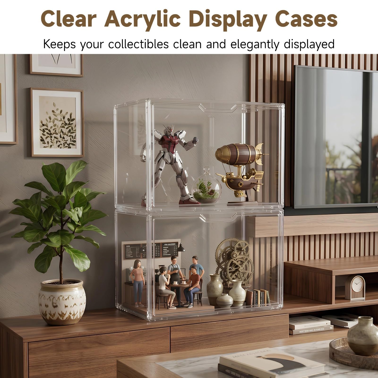 Lot de 2 présentoirs empilables en acrylique transparent avec porte d'entrée en métal - Bacs de rangement transparents à collectionner - Prend en charge l'affichage horizontal ou vertical