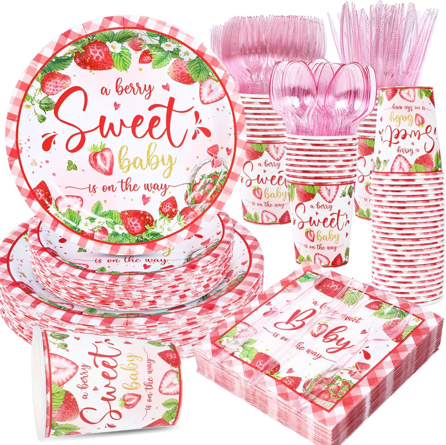 350 Strawberry Baby Shower Decorations for 50 Guests A Berry Sweet Baby is On The Way Party Supplies for Girls Disposable Dinnerware Set Paper Plates Napkins Cups