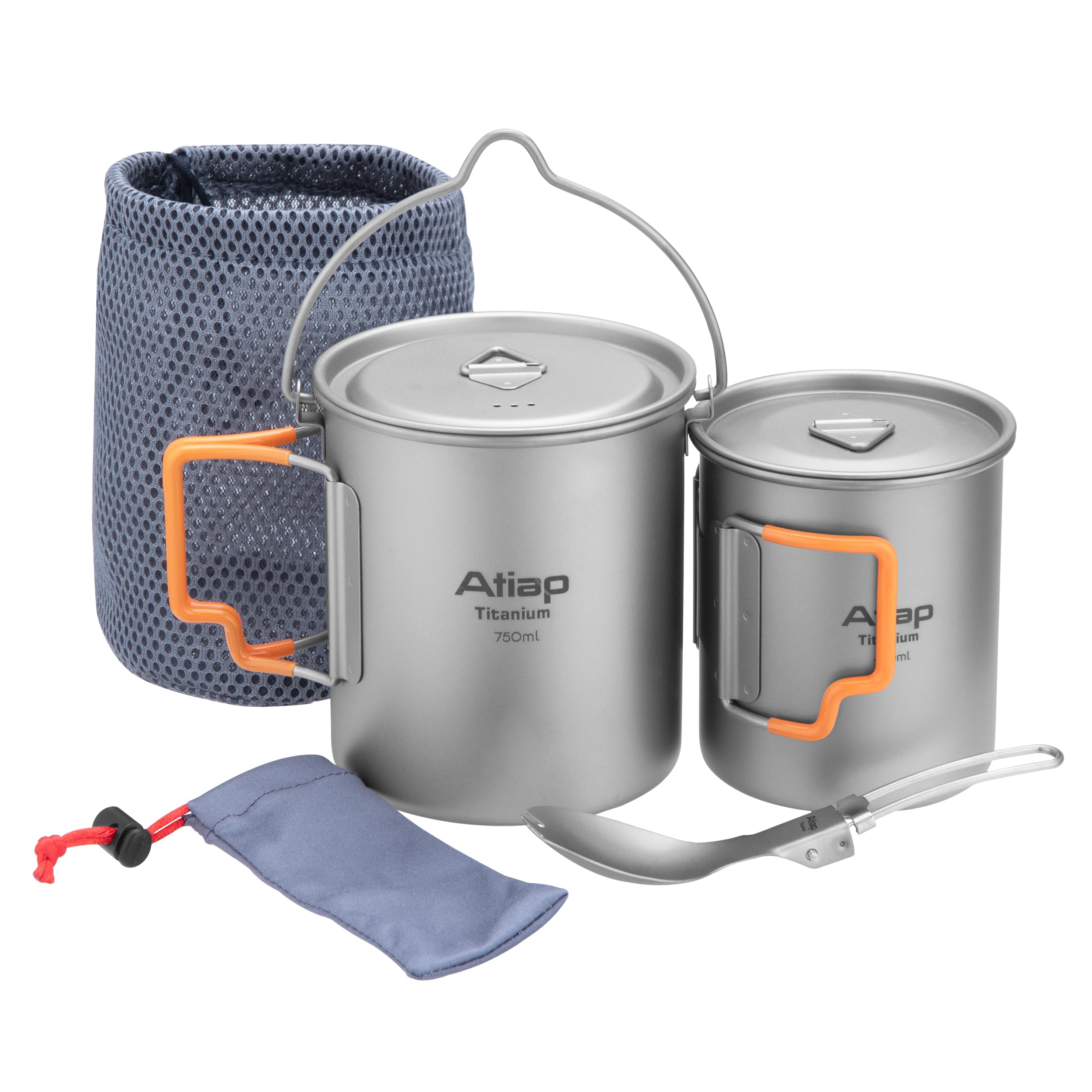 Titan Camping Becher Set Ultraleicht – Outdoor Topf 750ml mit Bügelgriff & Deckel, Camping Tasse mit Klappgriff, Klapplöffel & Netzbeutel – Geschirr Set für Trekking, Wandern, Bushcraft