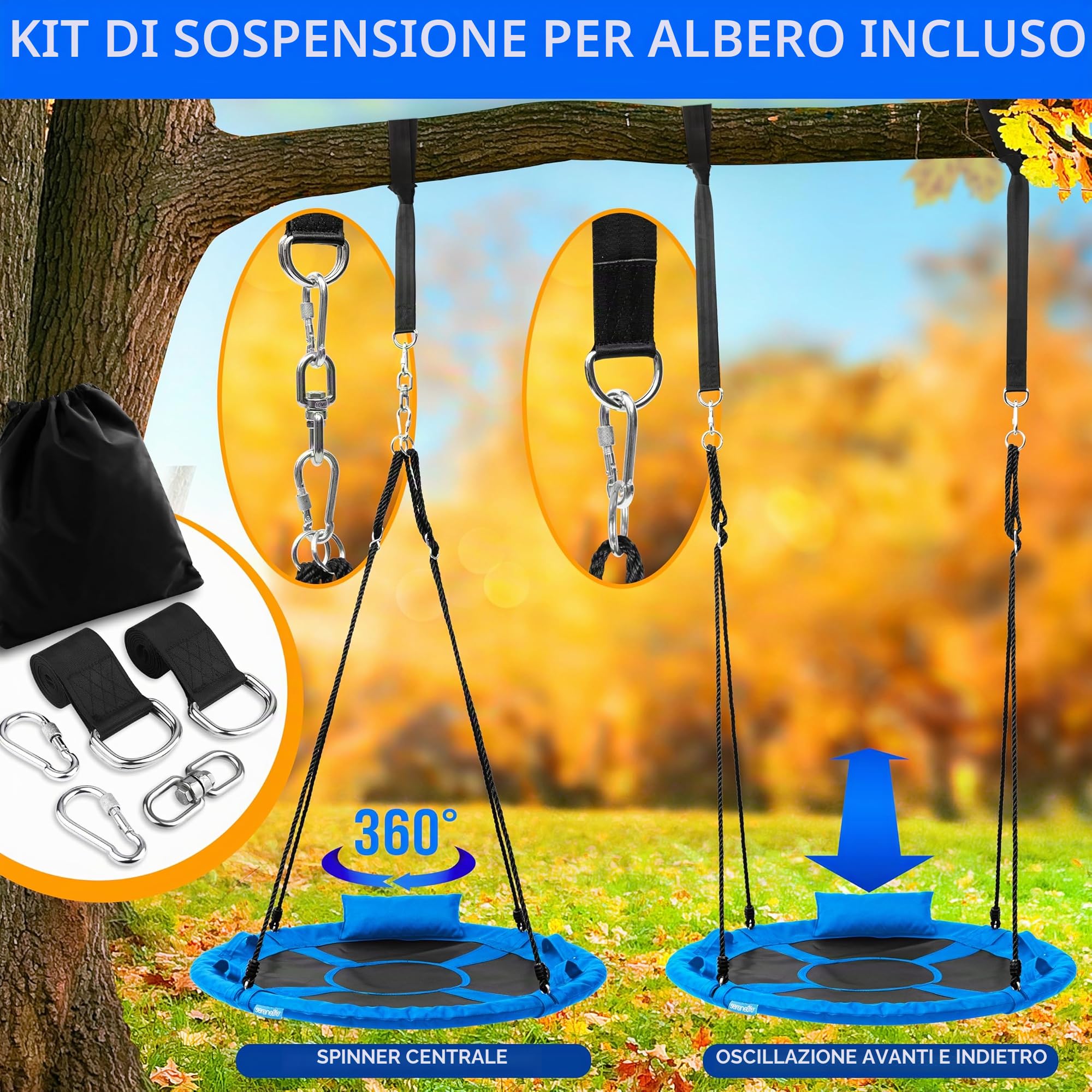 SereneLife Altalena da Giardino per Bambini Rotonda 102 cm con Kit di Fissaggio Universale, Altalena Corde Regolabili e Cuscino per Uso Esterno